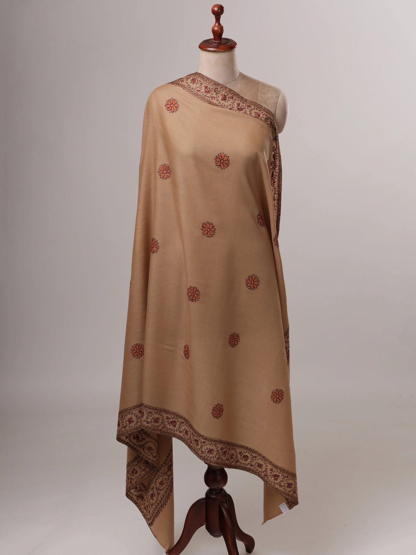Fine Wool Beige Shawl with Hand-Embroidered Buteh Daur Motifs Shahkaar