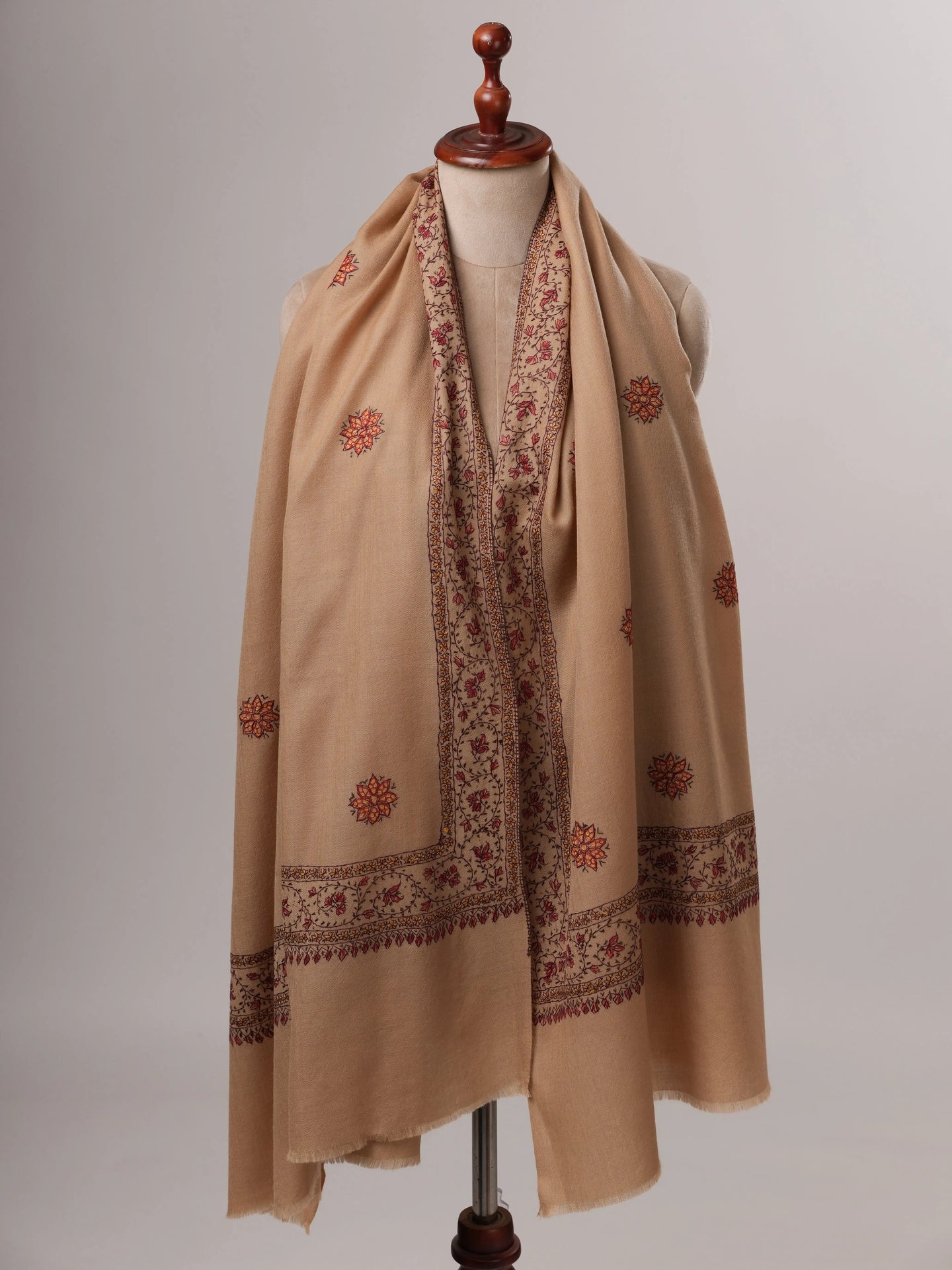 Fine Wool Beige Shawl with Hand-Embroidered Buteh Daur Motifs Shahkaar