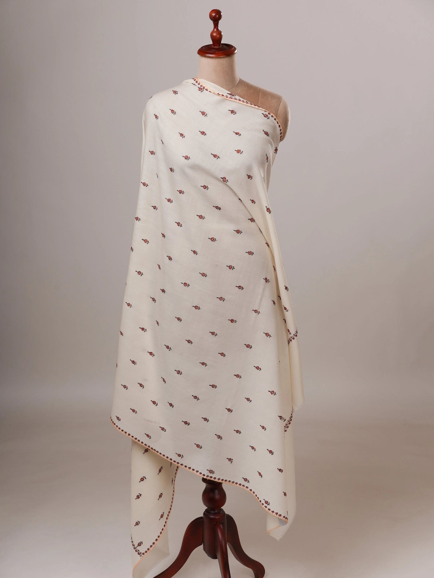 Ivory Soft Fine Wool Shawl with Hand Embroidery Shahkaar Global