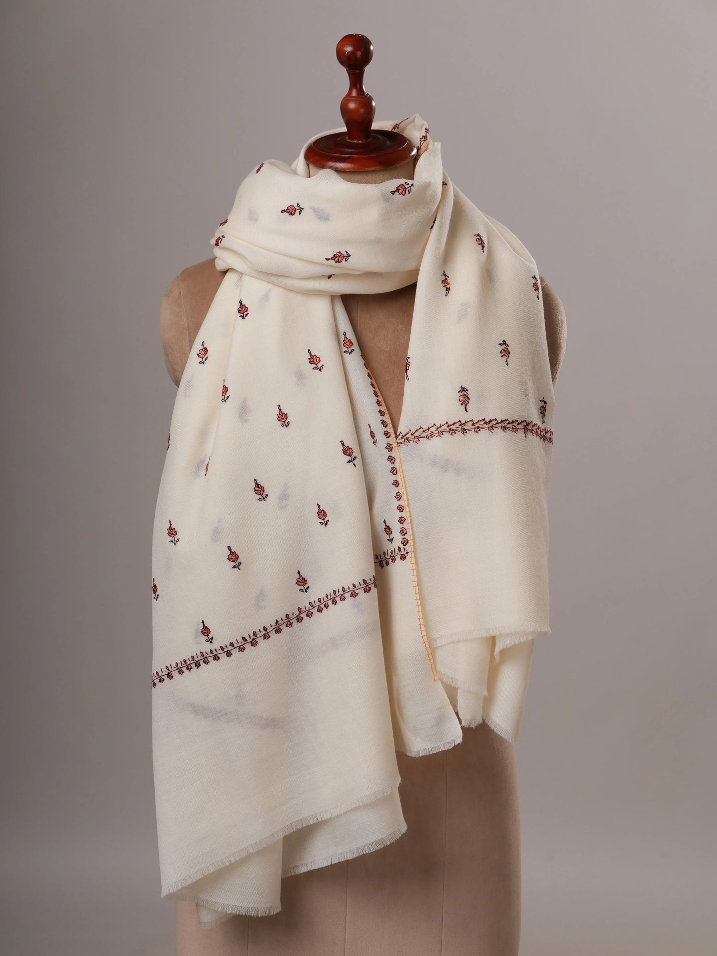 Ivory Soft Fine Wool Shawl with Hand Embroidery Shahkaar Global