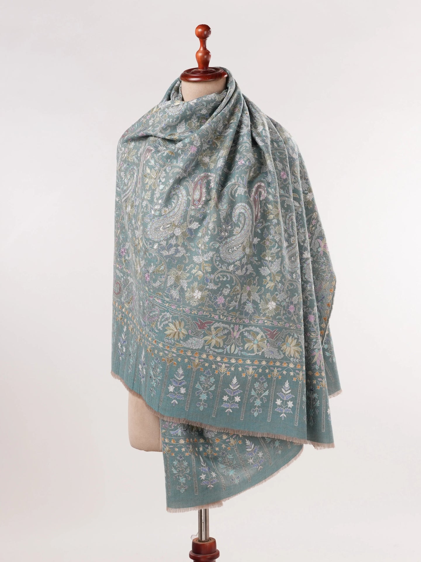 Kalamkari Greenish Handwoven Pashmina Shawl with Hand Embroidery Shahkaar.com