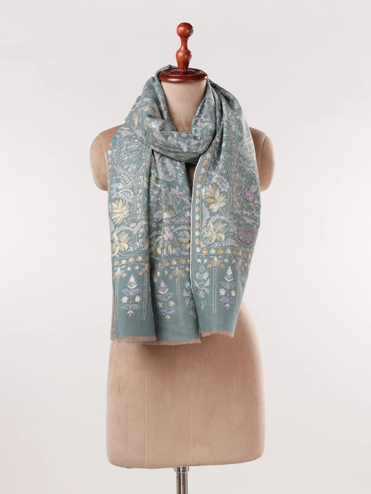 Kalamkari Greenish Handwoven Pashmina Shawl with Hand Embroidery Shahkaar.com