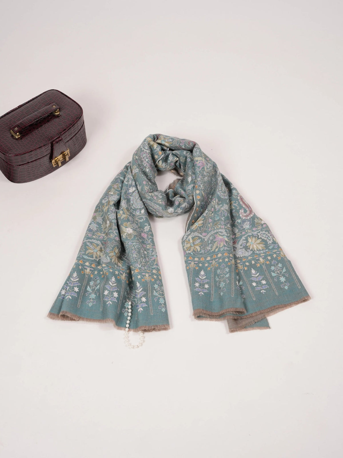 Kalamkari Greenish Handwoven Pashmina Shawl with Hand Embroidery Shahkaar.com