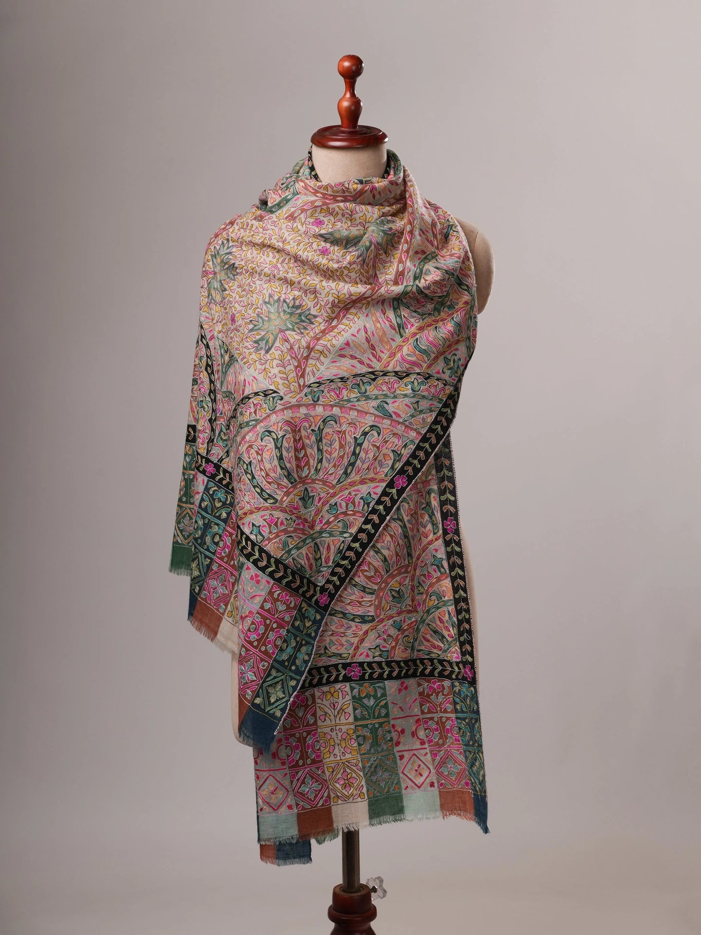 Soft Cashmere Scarf with Handpainted Design and Hook Embroidery Shahkaar