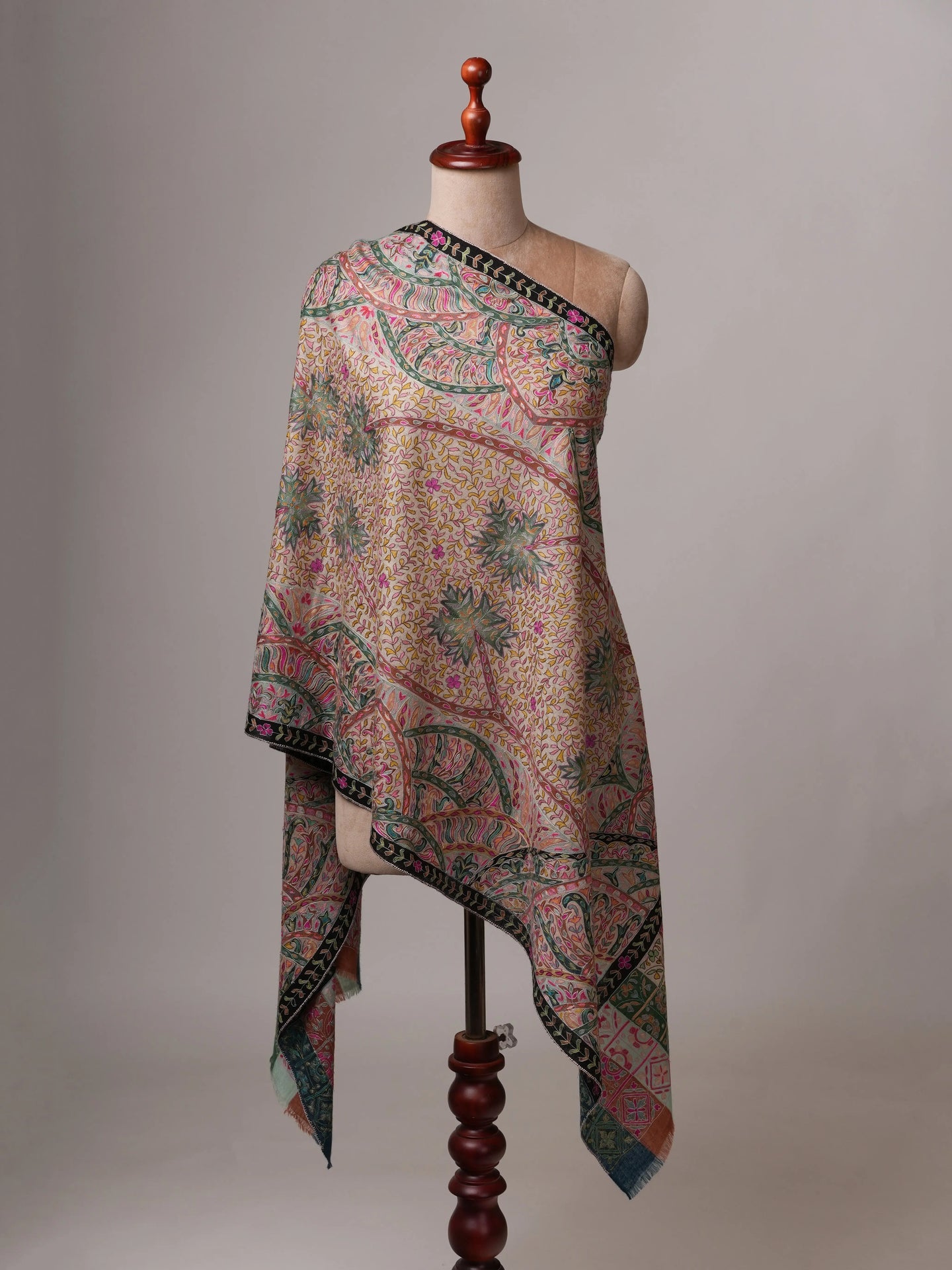 Soft Cashmere Scarf with Handpainted Design and Hook Embroidery Shahkaar