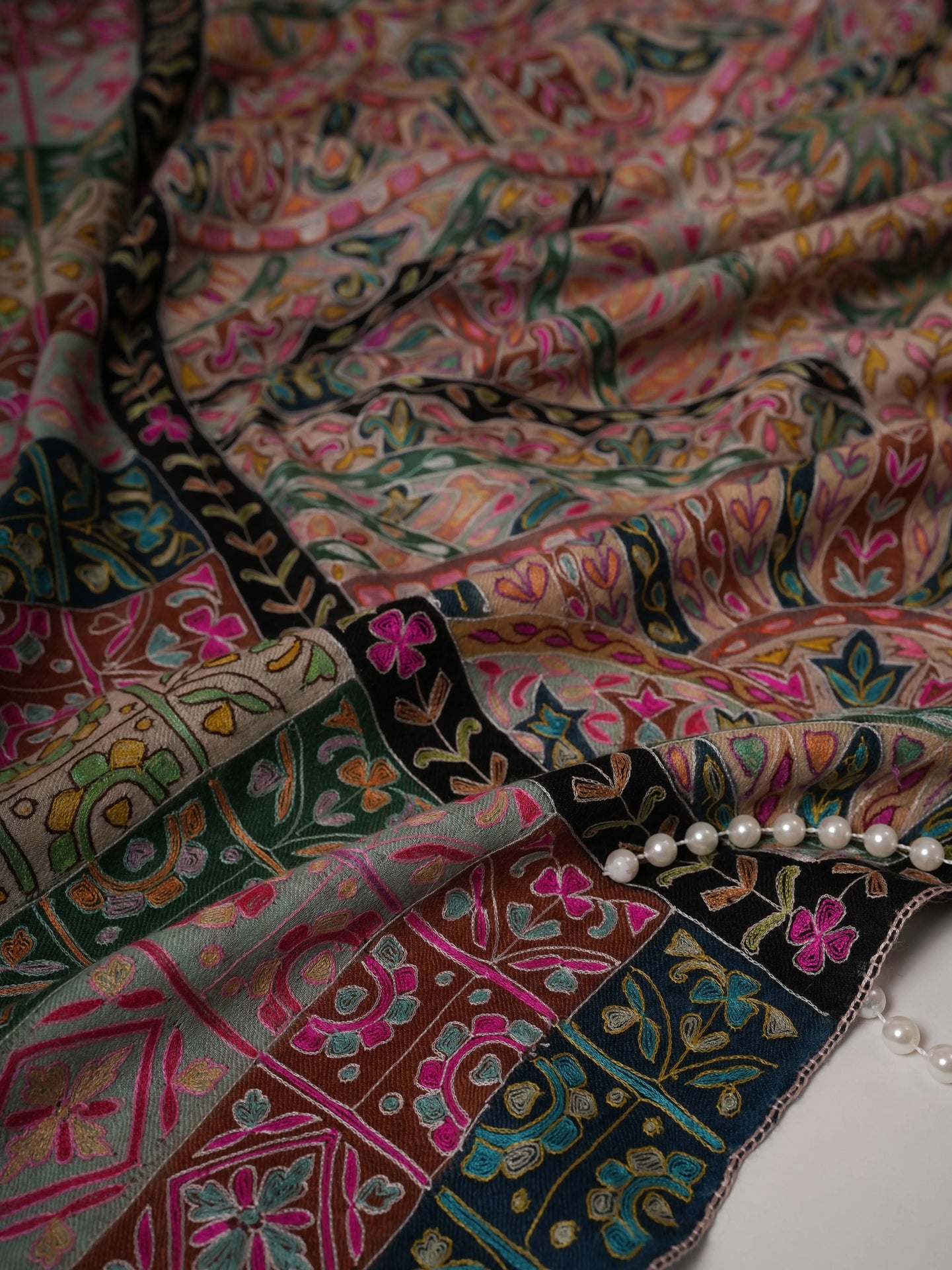 Soft Cashmere Scarf with Handpainted Design and Hook Embroidery Shahkaar