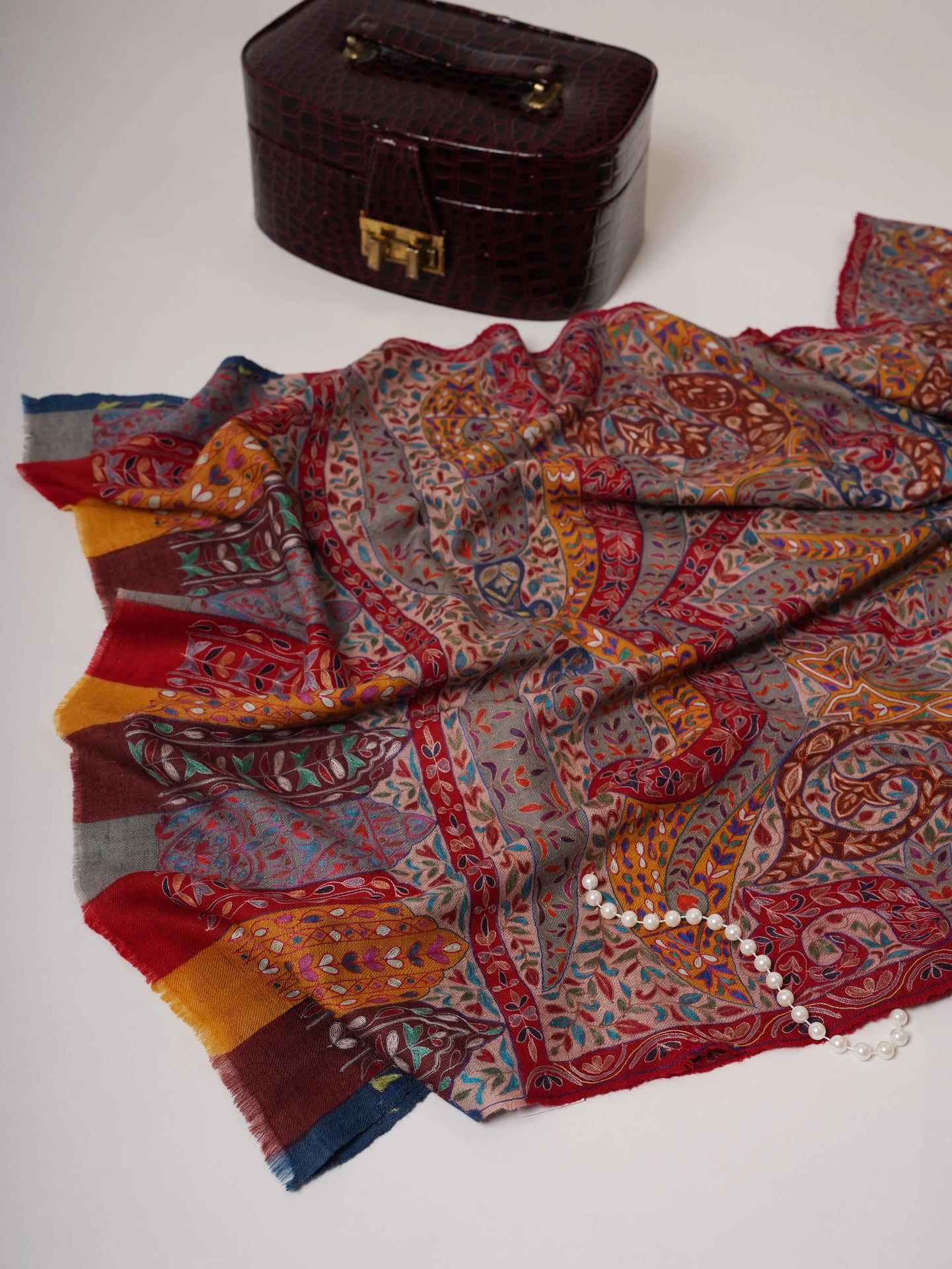 Handloomed Handpainted Kalamkari Cashmere Scarf with Hook Embroidery Shahkaar
