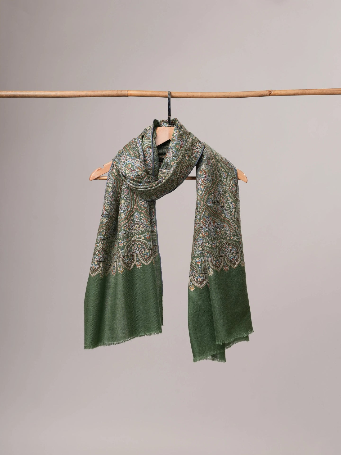 Green Hand Hook Embroidered Jali Cashmere Scarf Shahkaar