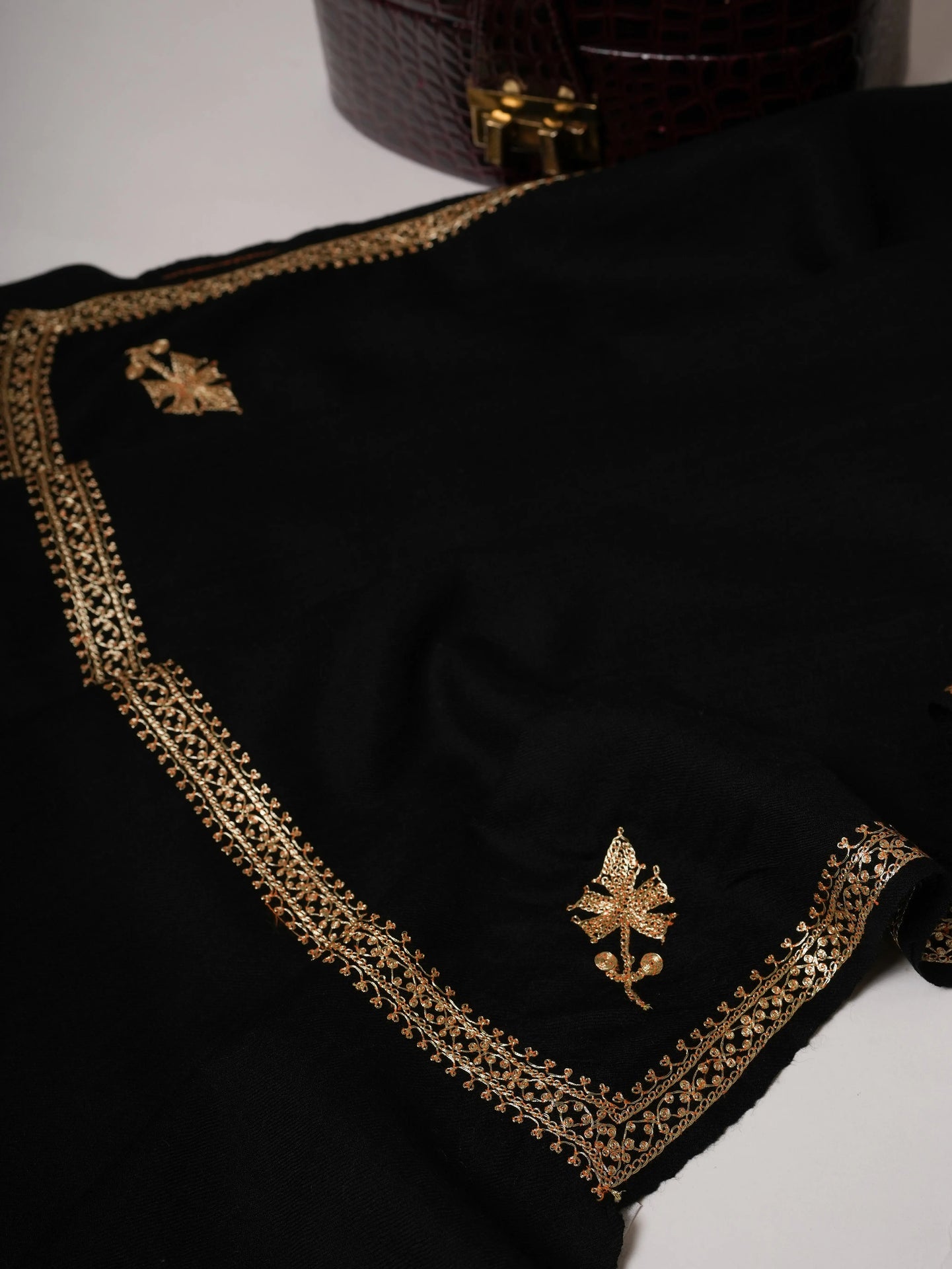 Black Hashia Hand Embroidered Soft Wool Shawl with Golden Tilla Shahkaar