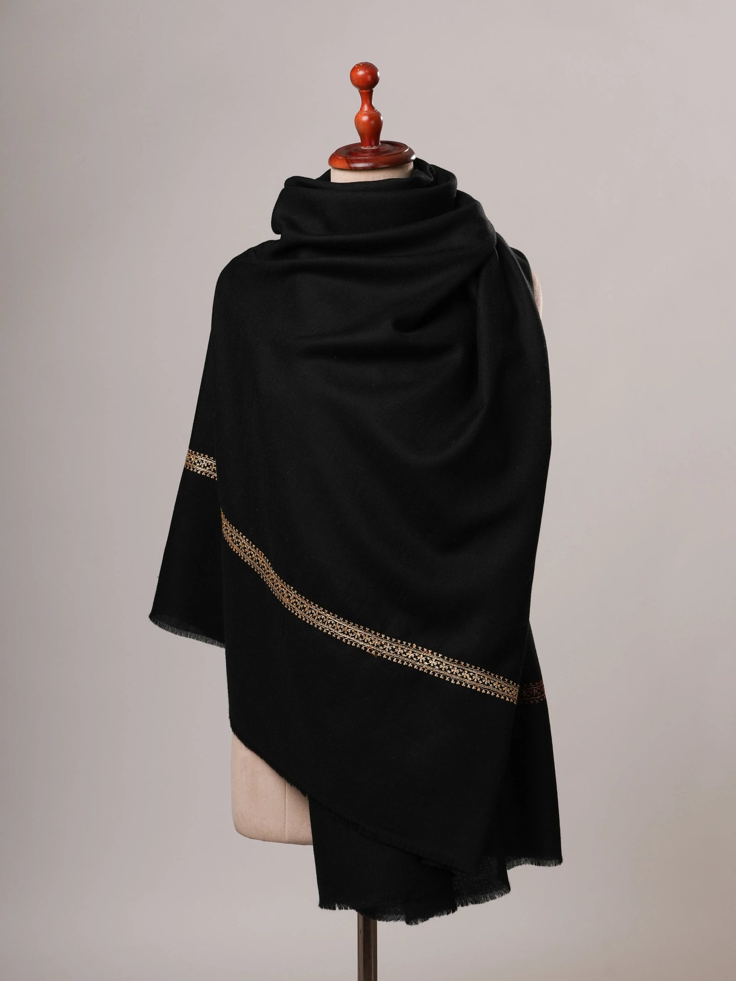 Black Hashia Hand Embroidered Soft Wool Shawl with Golden Tilla Shahkaar