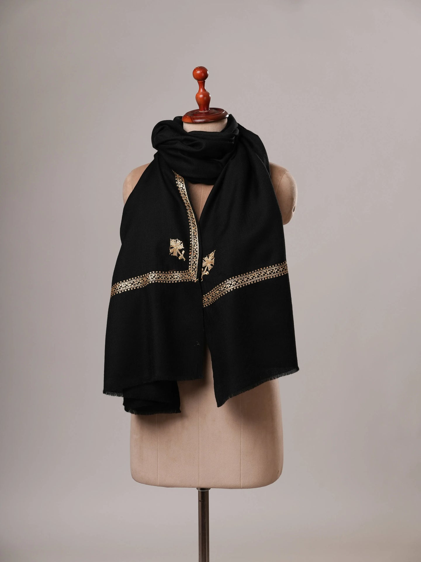 Black Hashia Hand Embroidered Soft Wool Shawl with Golden Tilla Shahkaar