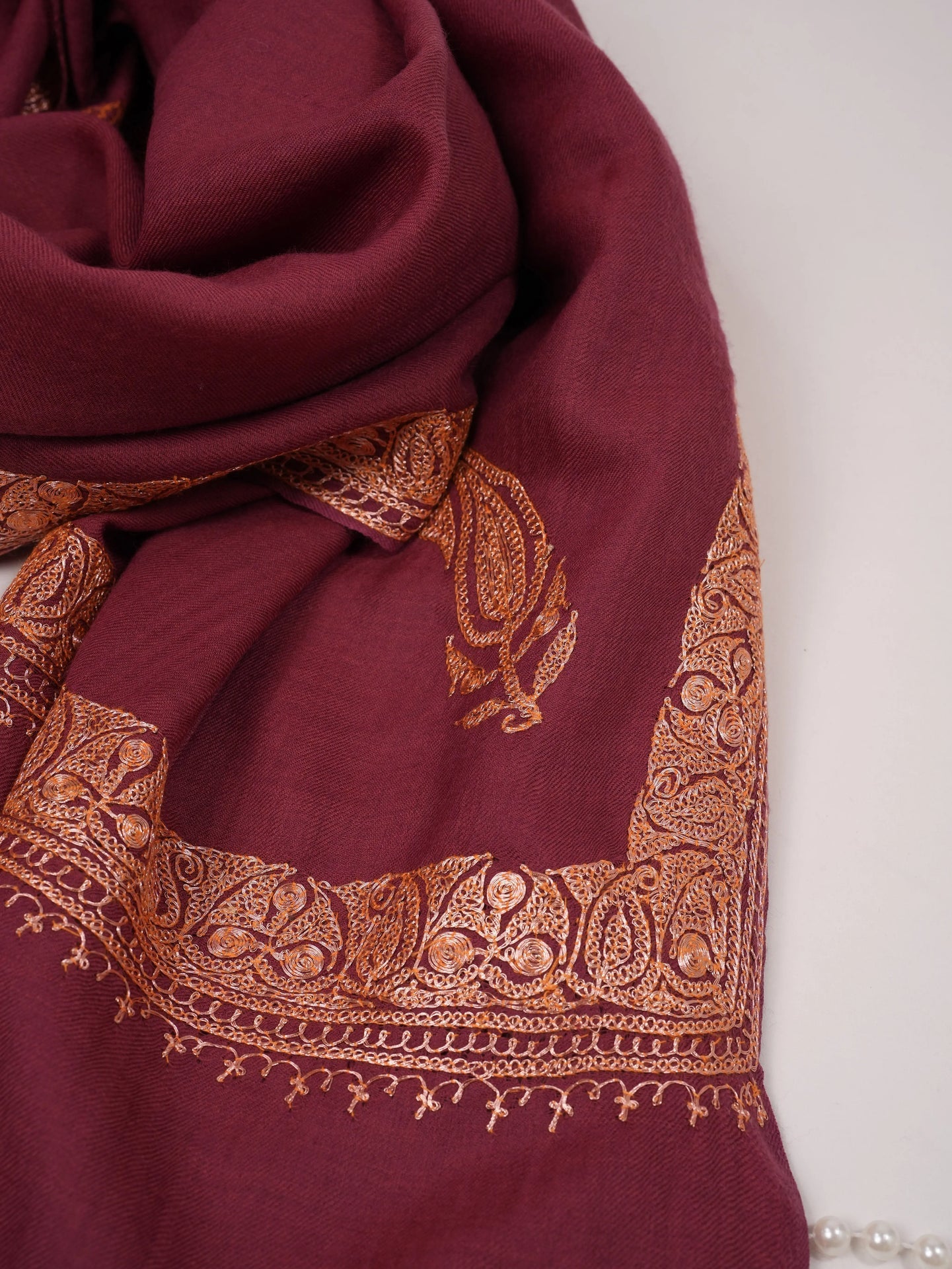 Hand Tilla Embroidery Dusty Rose Kashmiri Fine Wool Shawl Shahkaar.com