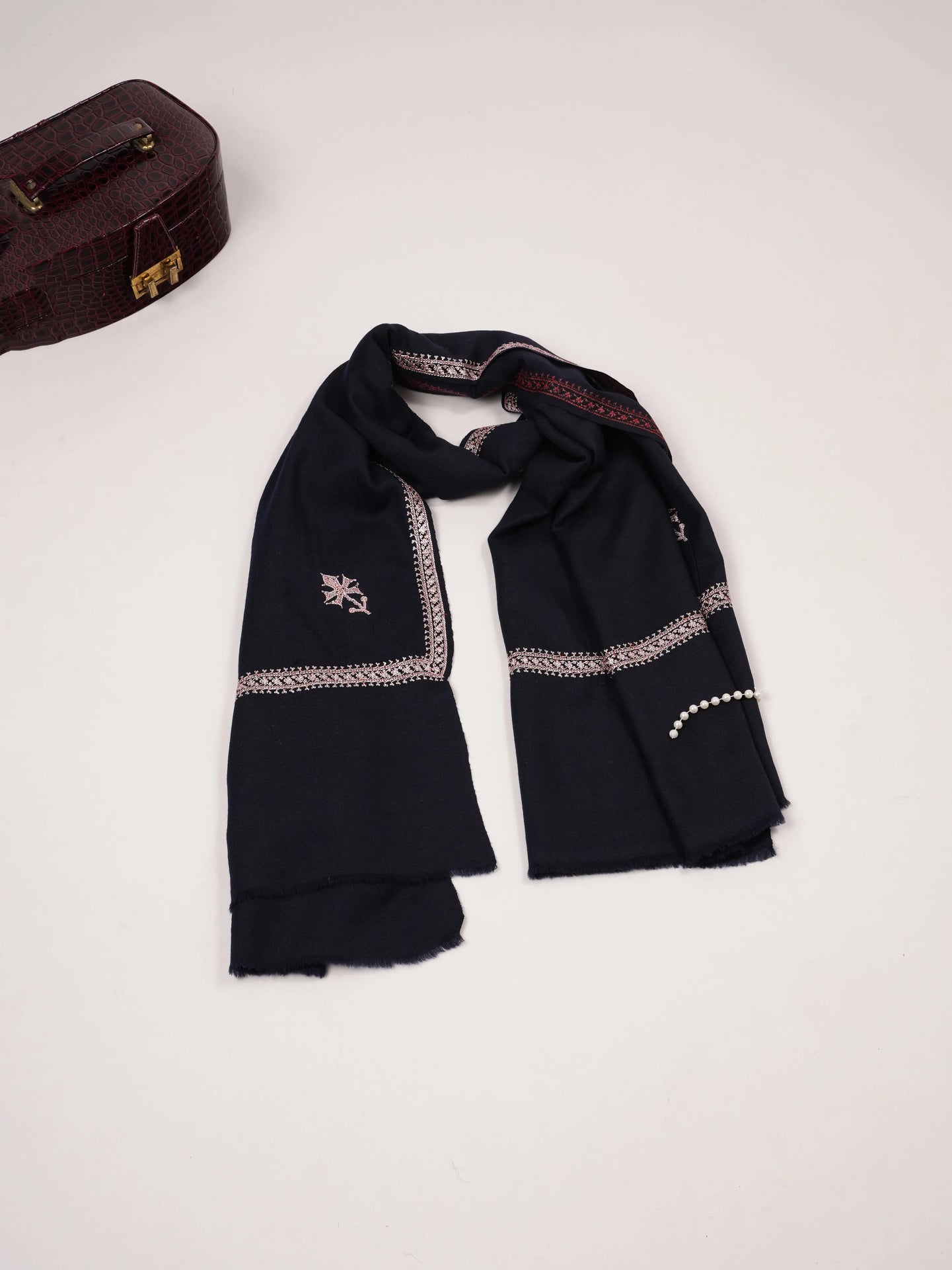 Baildar Hand Tilla Embroidered Dark Blue Authentic Fine Wool Shawl Shahkaar.com