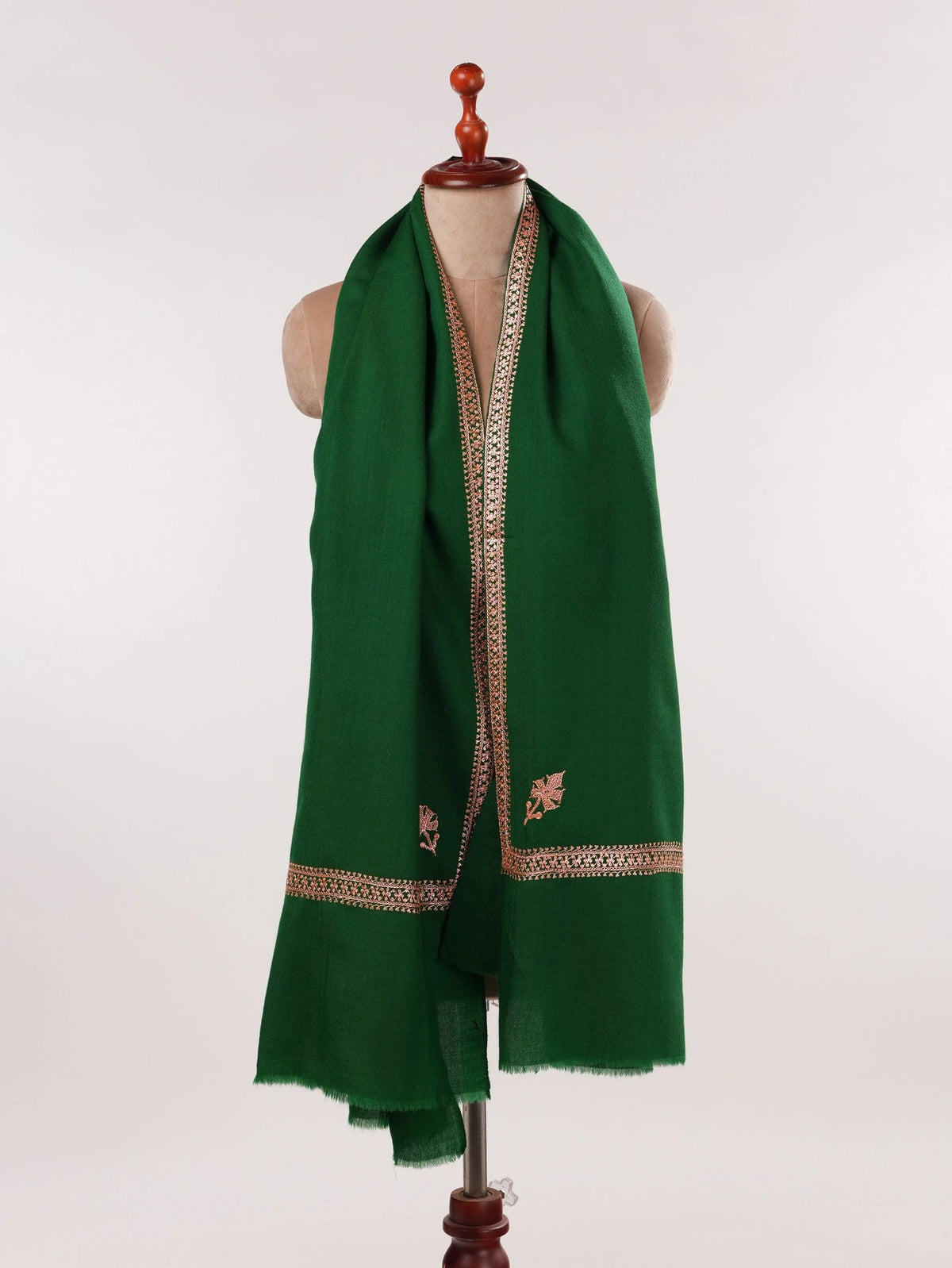 Emerald Green Fine Wool Shawl with Baildar Hand Tilla Embroidery Shahkaar.com