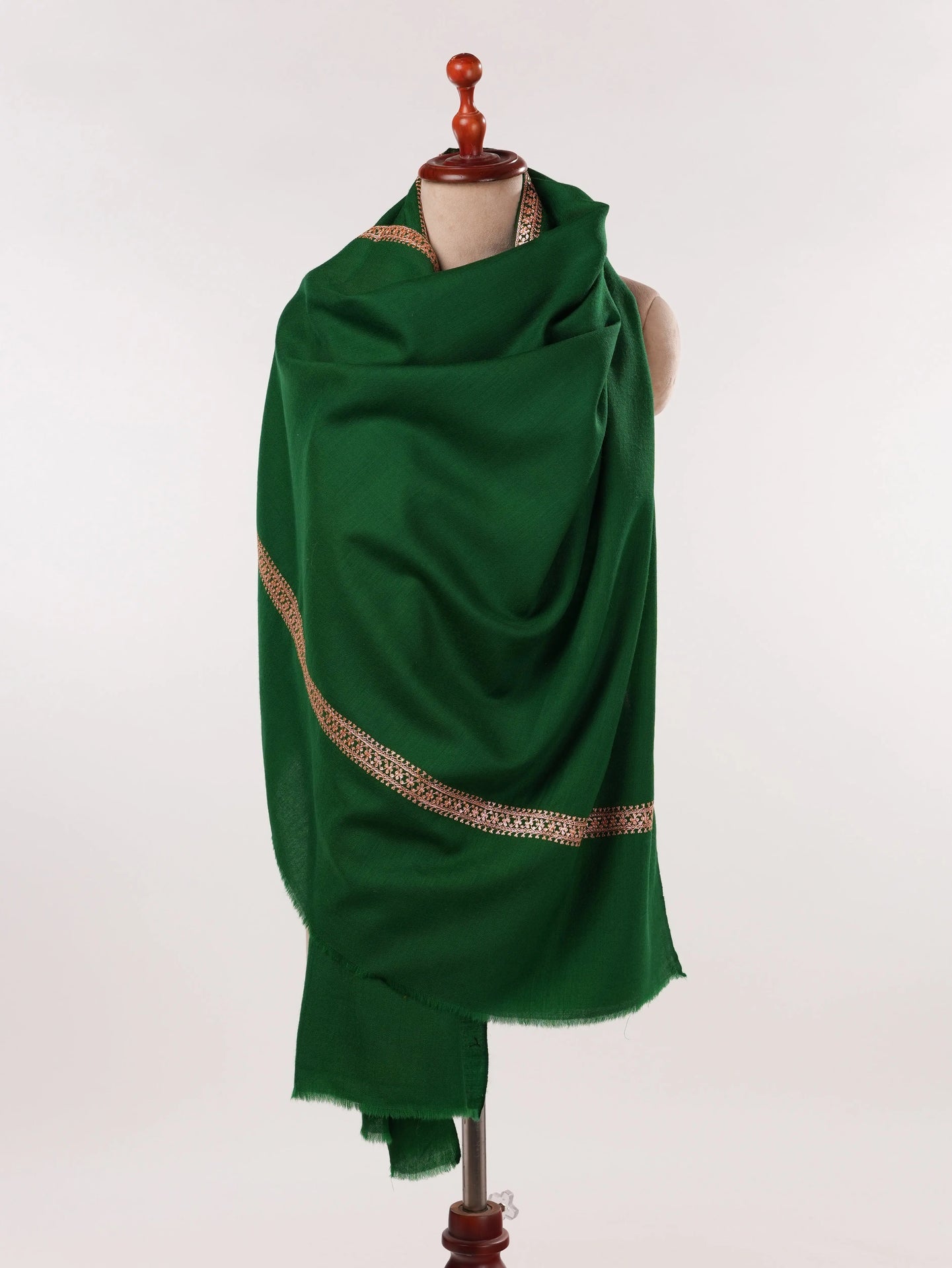 Emerald Green Fine Wool Shawl with Baildar Hand Tilla Embroidery Shahkaar.com