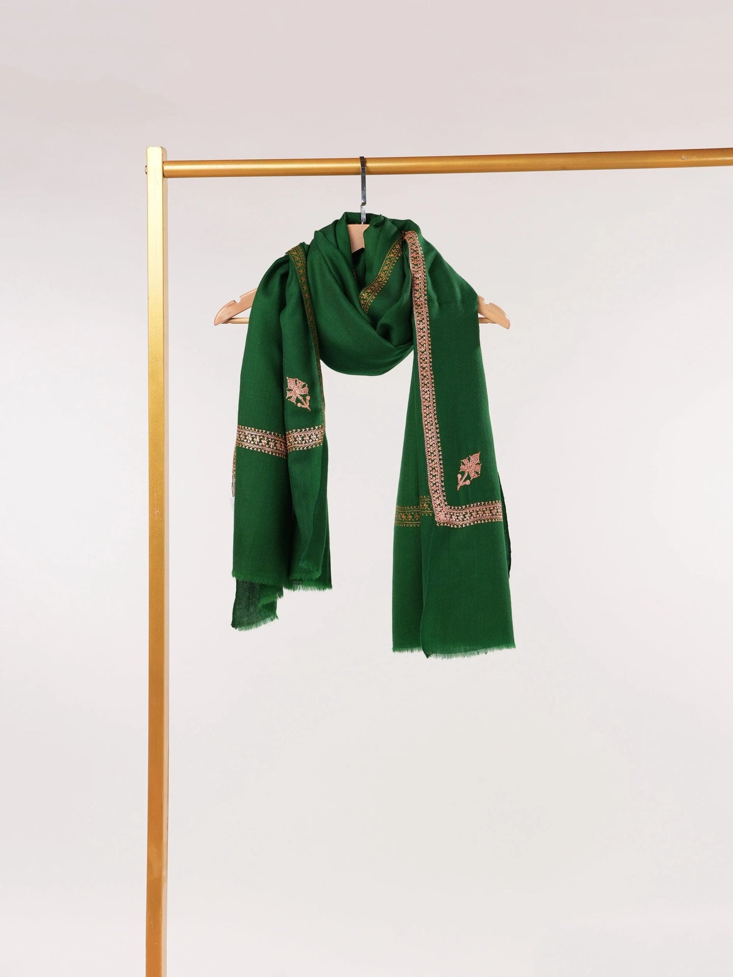 Emerald Green Fine Wool Shawl with Baildar Hand Tilla Embroidery Shahkaar.com