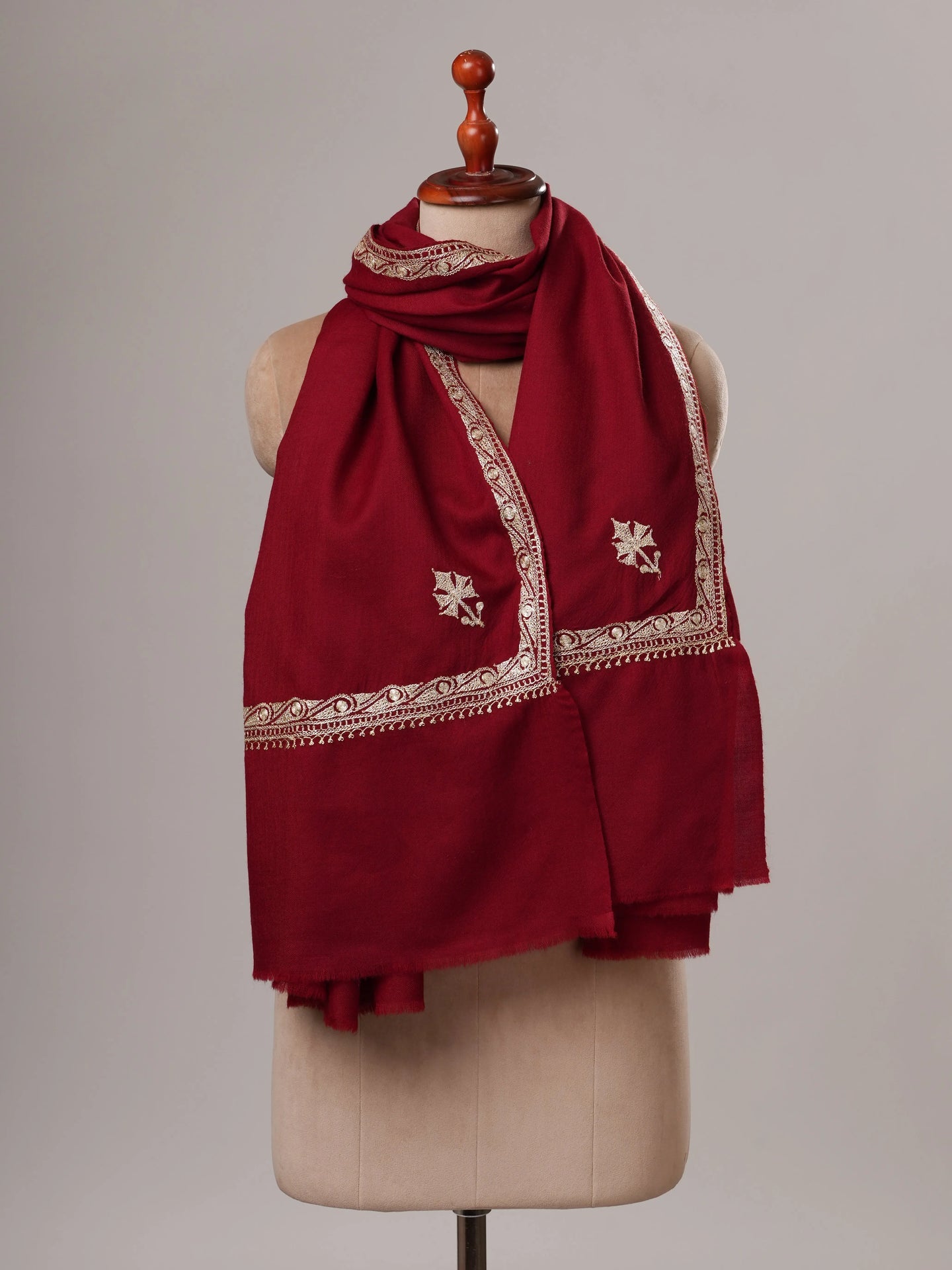 Maroon Hashia Tilla Hand Embroidered Fine Wool Kashmiri Shawl Shahkaar