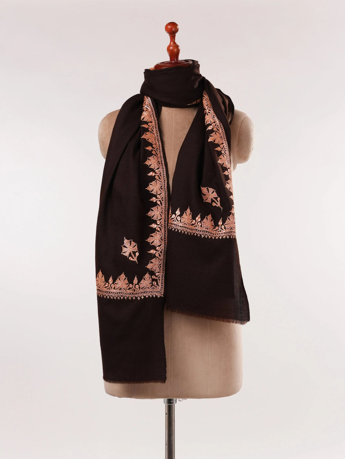 Hashidar Hand Tilla Embroidered Dark Brown Fine Wool Shawl Shahkaar.com