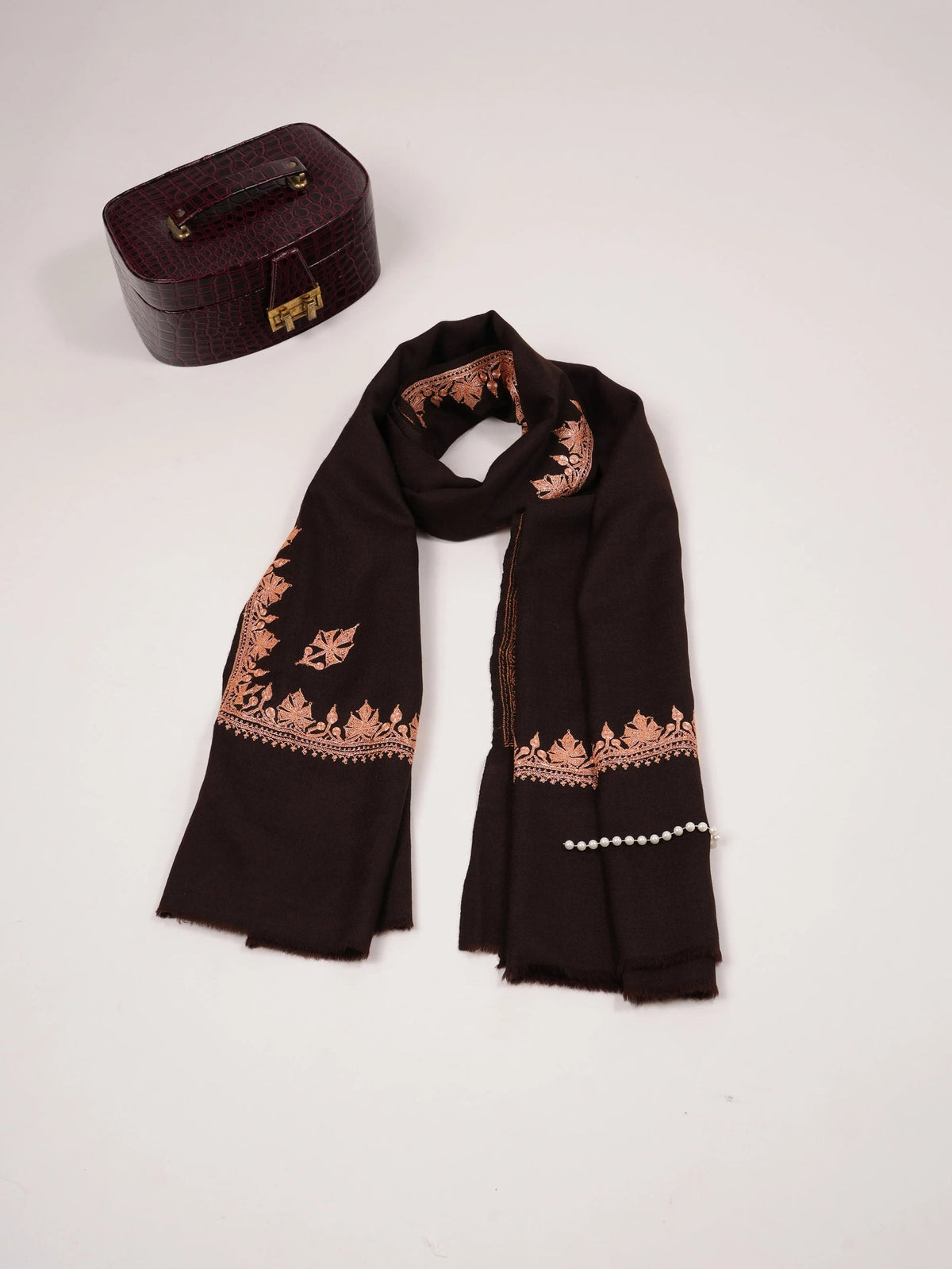 Hashidar Hand Tilla Embroidered Dark Brown Fine Wool Shawl Shahkaar.com