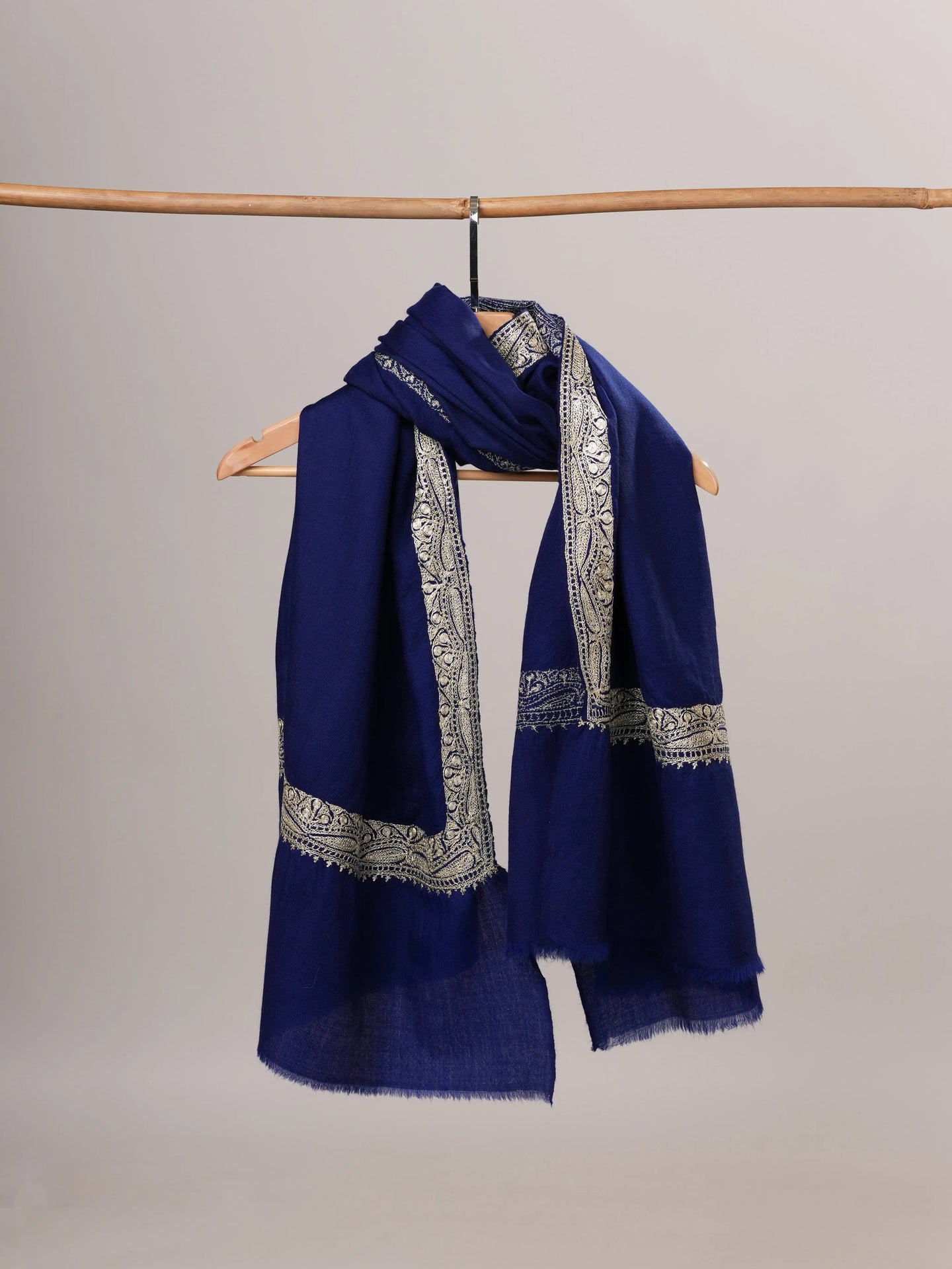 Navy Blue Fine Wool Water Gold Hand Embroidered Tilla Shawl Shahkaar Global