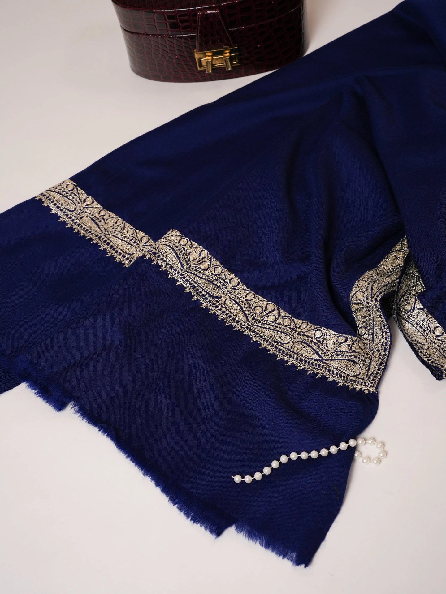 Navy Blue Fine Wool Water Gold Hand Embroidered Tilla Shawl Shahkaar Global