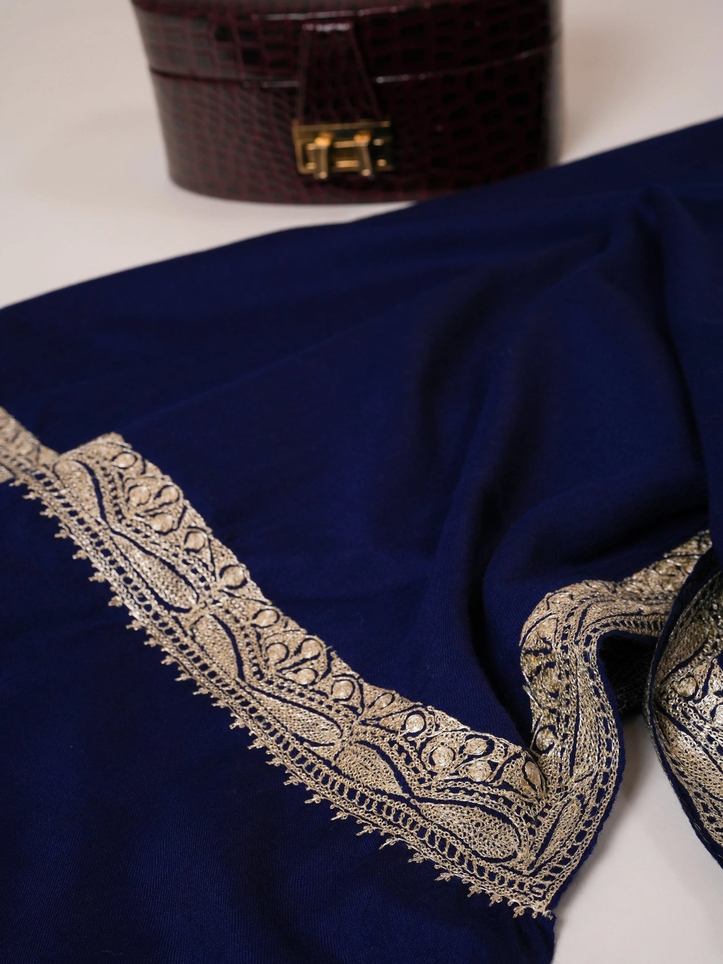 Navy Blue Fine Wool Water Gold Hand Embroidered Tilla Shawl Shahkaar Global