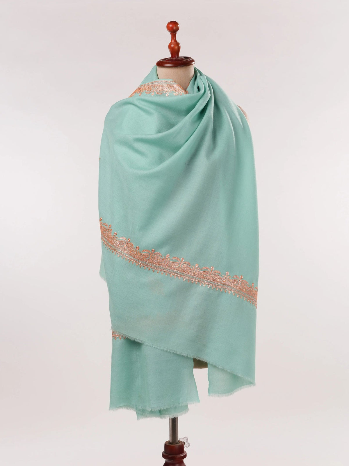 Sky Blue Fine Wool Shawl with Hand Tilla Hashidar Embroidery Shahkaar.com