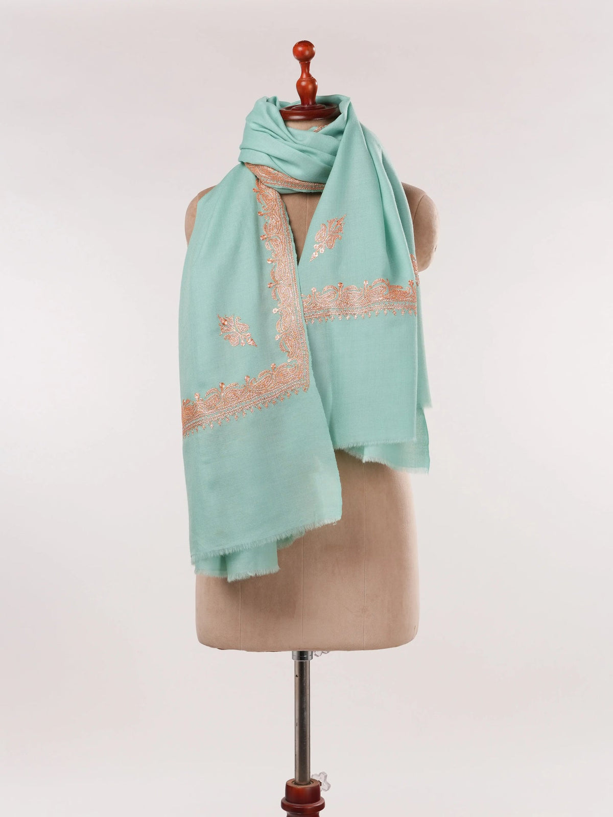 Sky Blue Fine Wool Shawl with Hand Tilla Hashidar Embroidery Shahkaar.com
