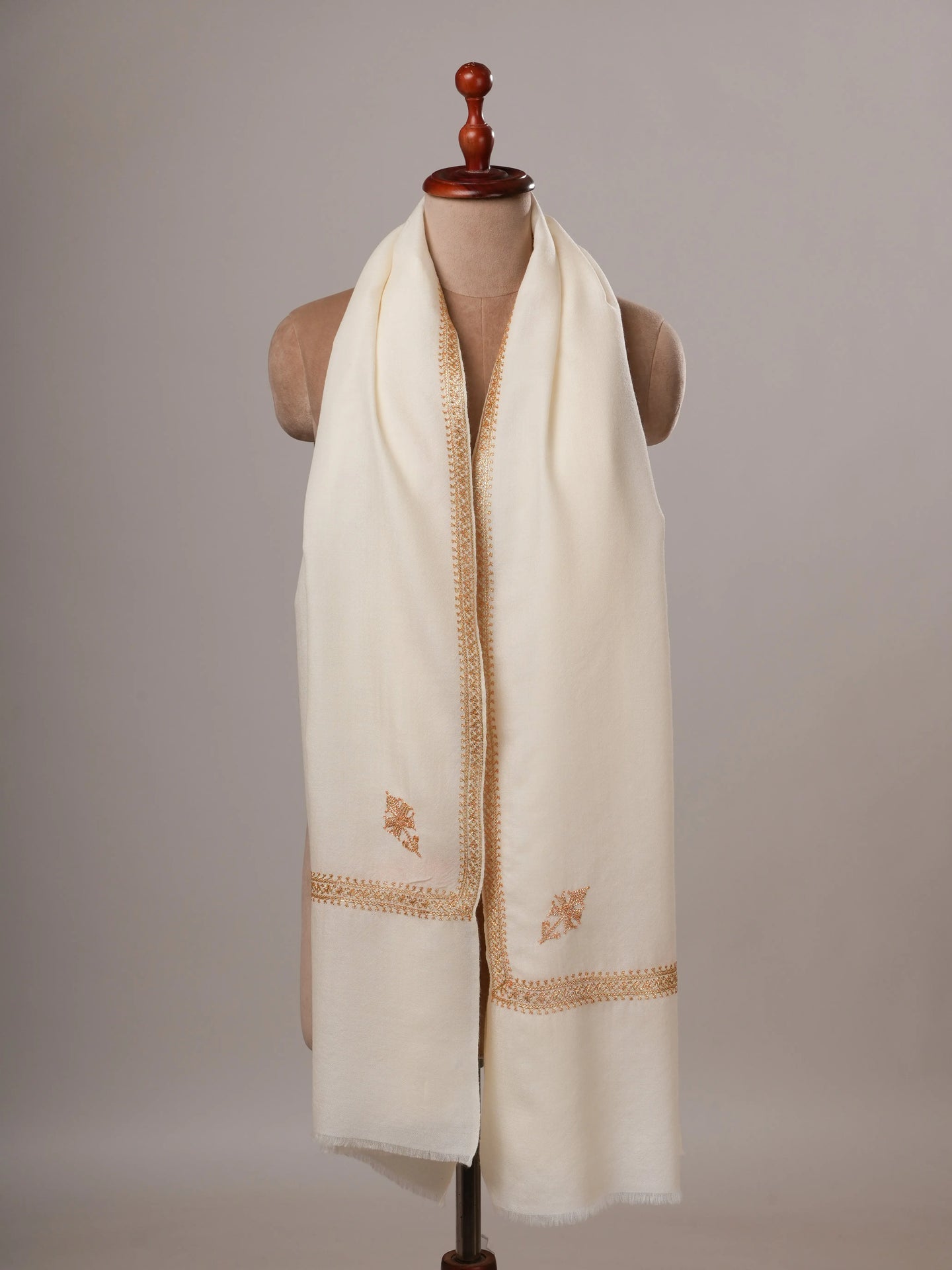 White Fine Wool Gold Tilla Embroidered Hashia Shawl Shahkaar Global