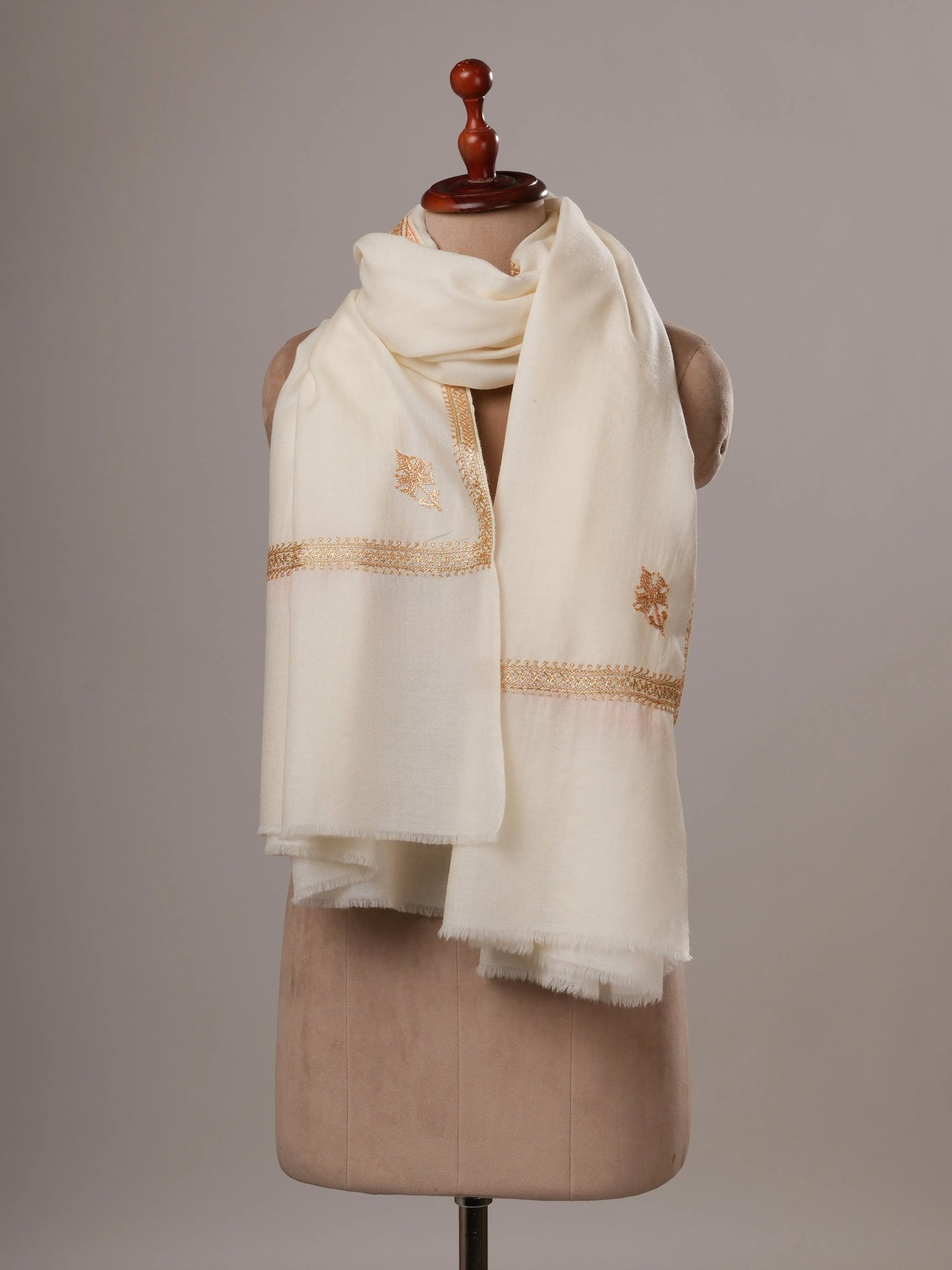 White Fine Wool Gold Tilla Embroidered Hashia Shawl Shahkaar Global