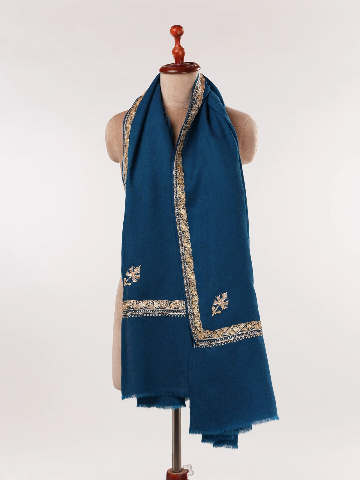 Peacock Blue Hashidar Hand Tilla Embroidered Fine Wool Shawl Shahkaar.com