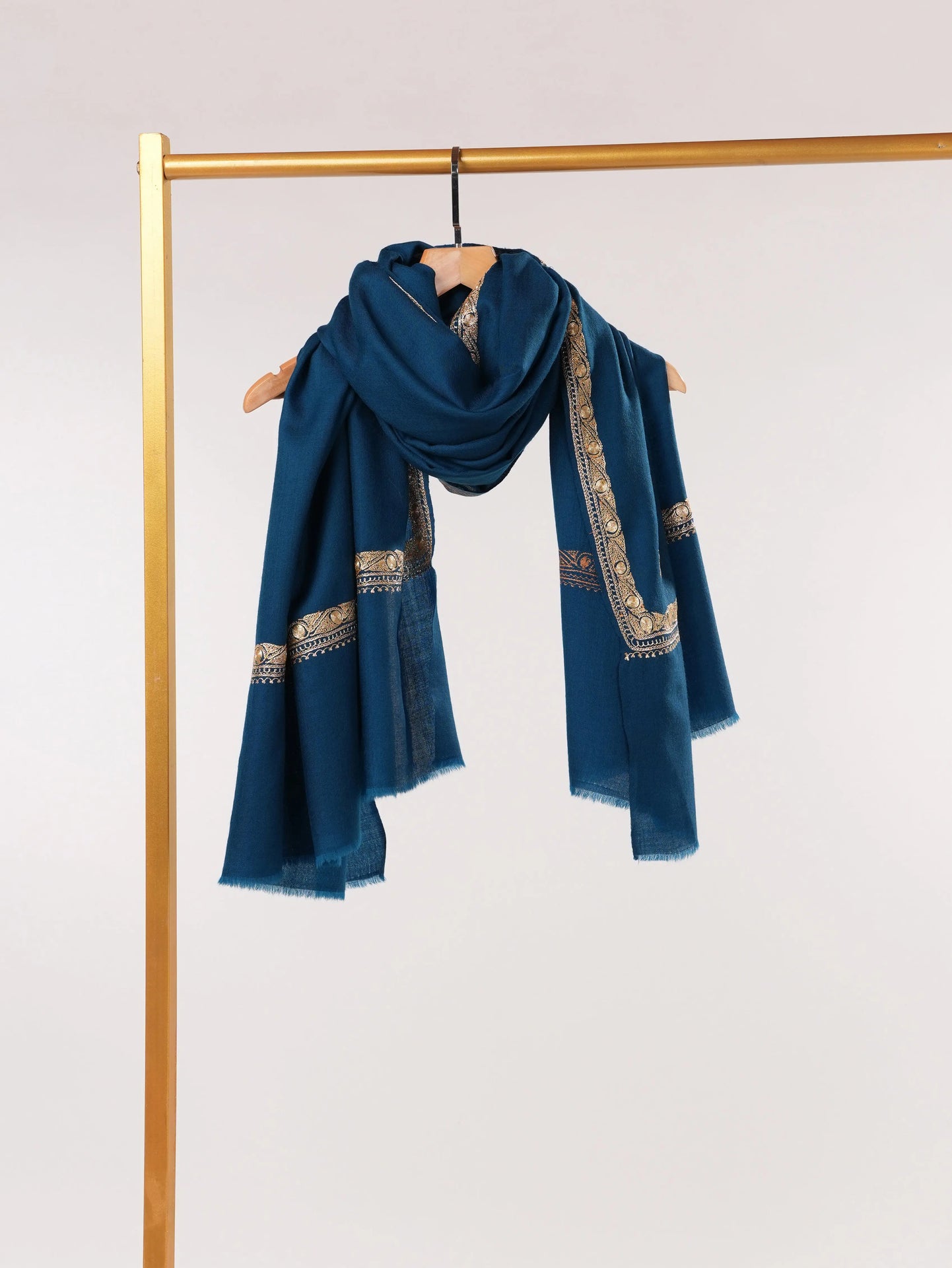 Peacock Blue Hashidar Hand Tilla Embroidered Fine Wool Shawl Shahkaar.com