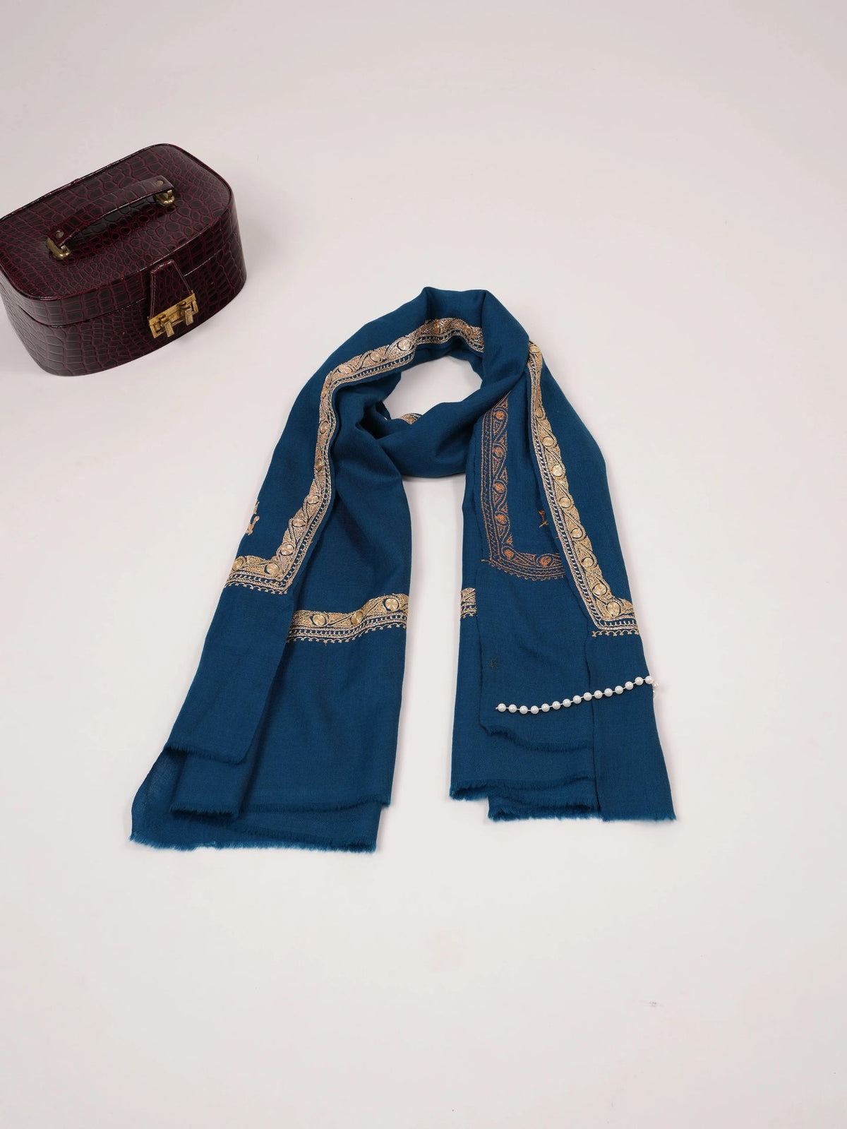Peacock Blue Hashidar Hand Tilla Embroidered Fine Wool Shawl Shahkaar.com