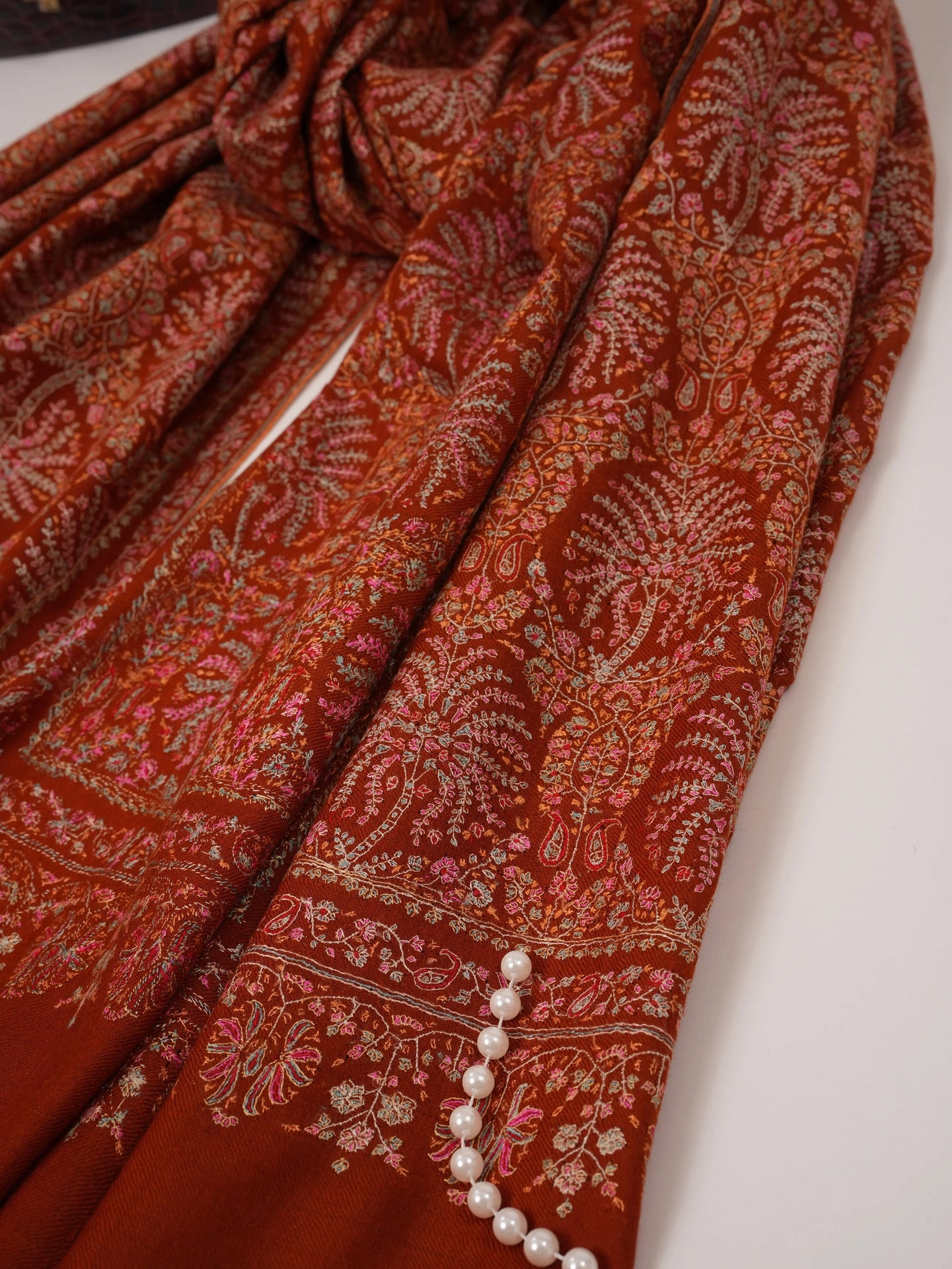 Rust Pashmina Shawl with Detailed Silk Sozni Hand Embroidery Shahkaar.com