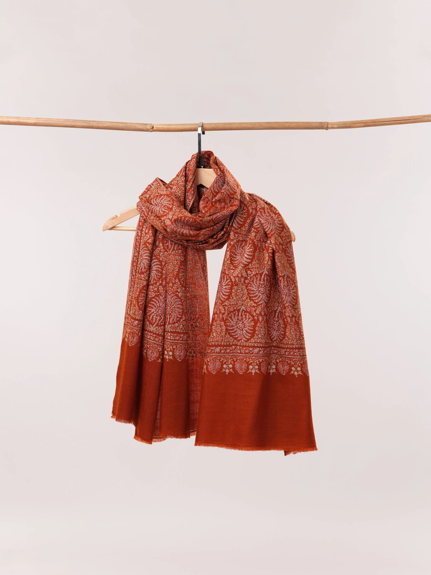 Rust Pashmina Shawl with Detailed Silk Sozni Hand Embroidery Shahkaar.com