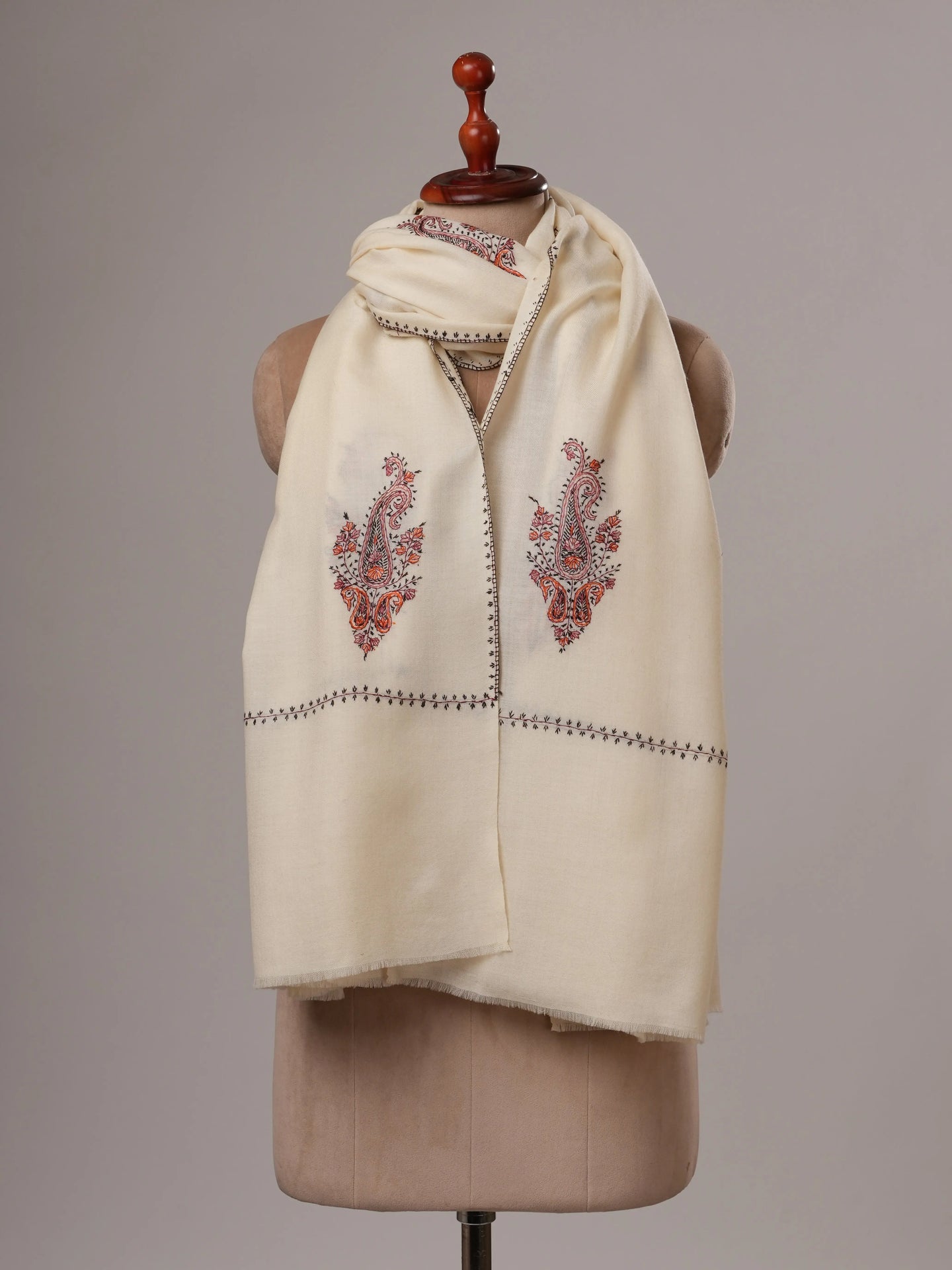 White Booti Hand Embroidered Fine Wool Soft Shawl Shahkaar