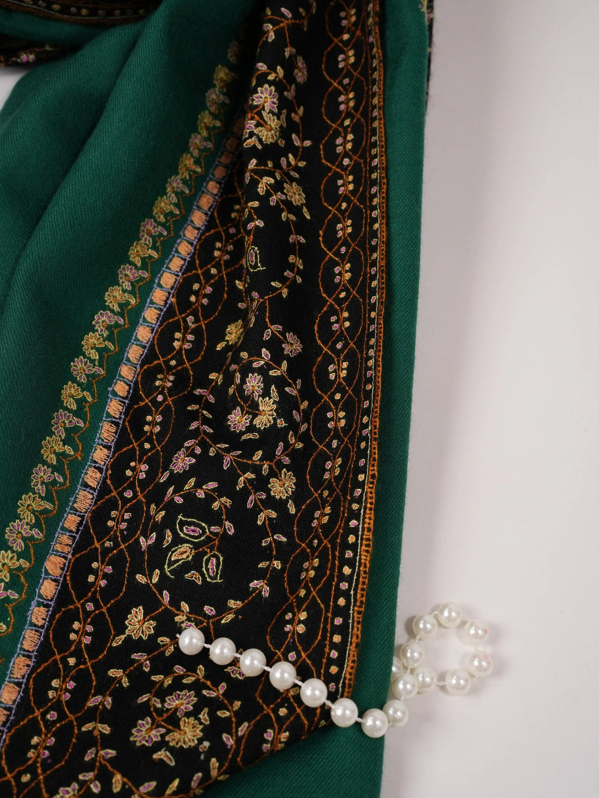 Green Buteh Hand Sozni Embroidered Pure Pashmina Shawl Shahkaar.com
