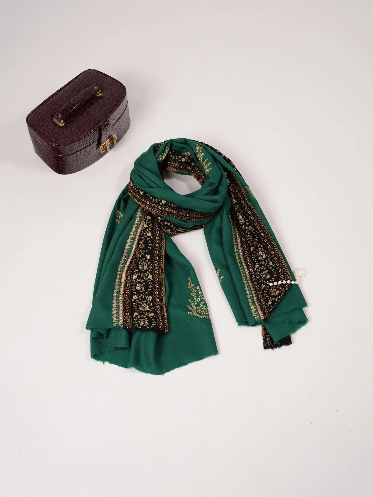Green Buteh Hand Sozni Embroidered Pure Pashmina Shawl Shahkaar.com