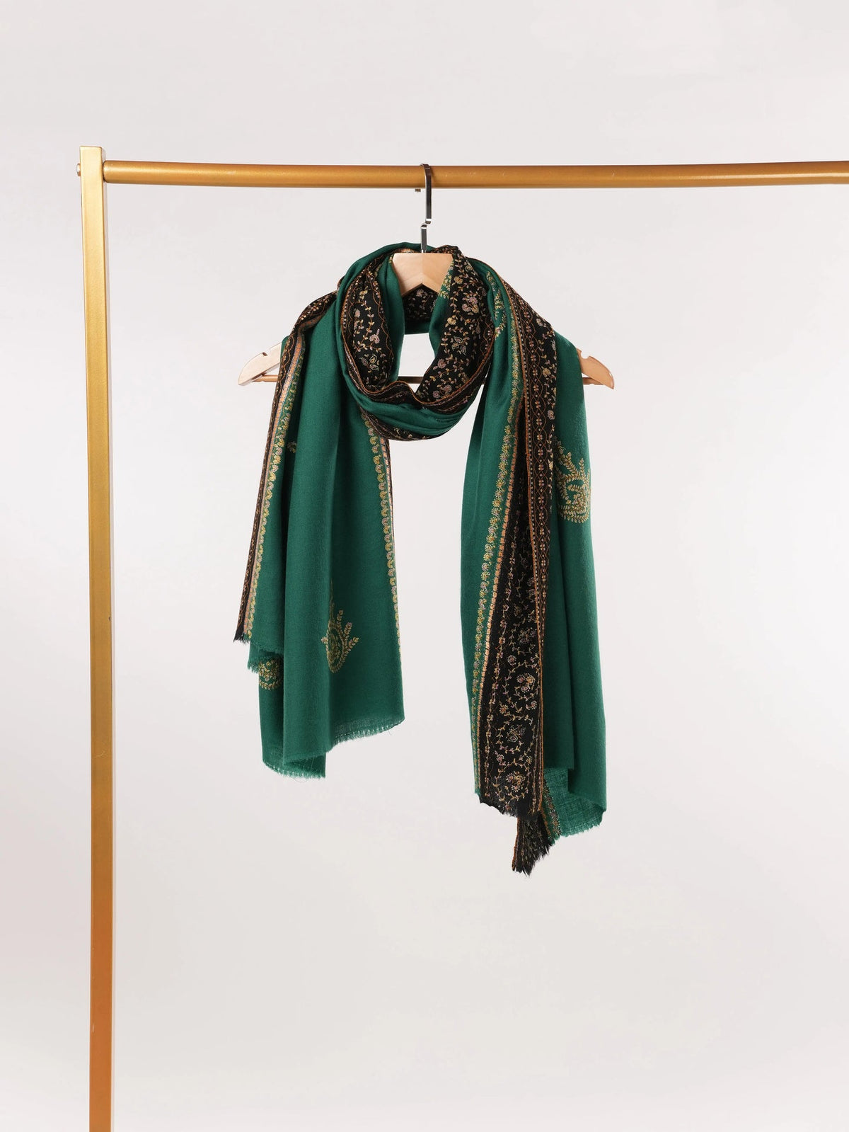 Green Buteh Hand Sozni Embroidered Pure Pashmina Shawl Shahkaar.com