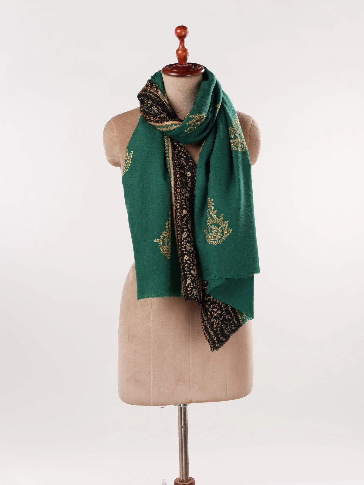 Green Buteh Hand Sozni Embroidered Pure Pashmina Shawl Shahkaar.com
