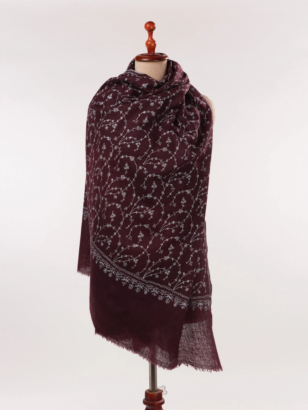 Wine Fine Wool Boiled Shawl with Traditional Jali Hand Embroidery Shahkaar.com
