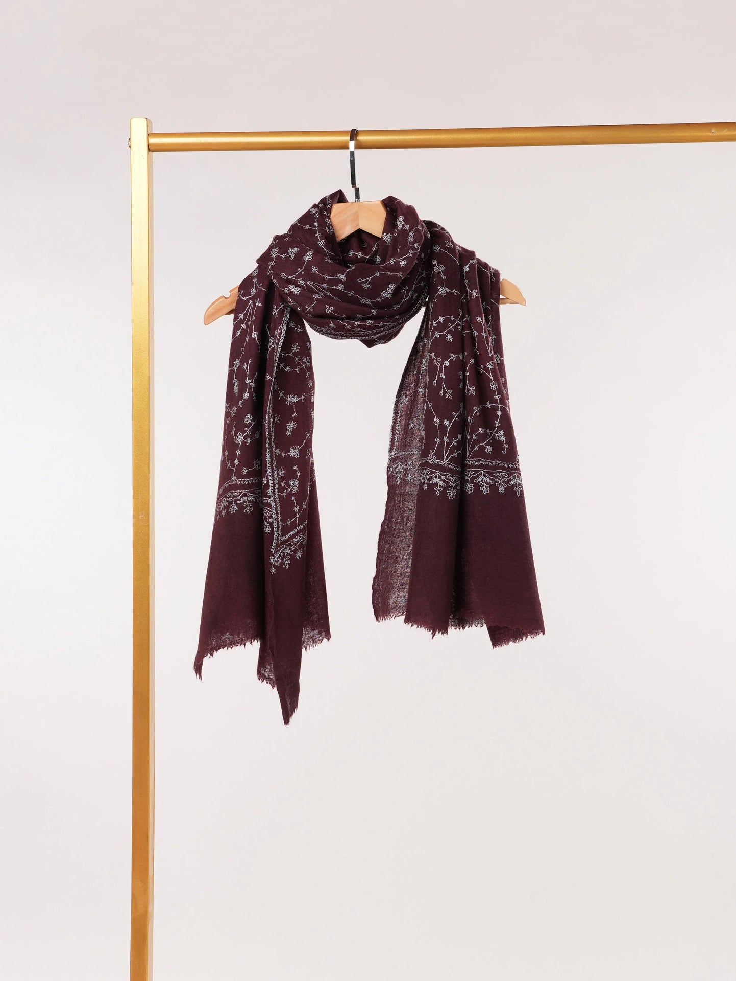 Wine Fine Wool Boiled Shawl with Traditional Jali Hand Embroidery Shahkaar.com
