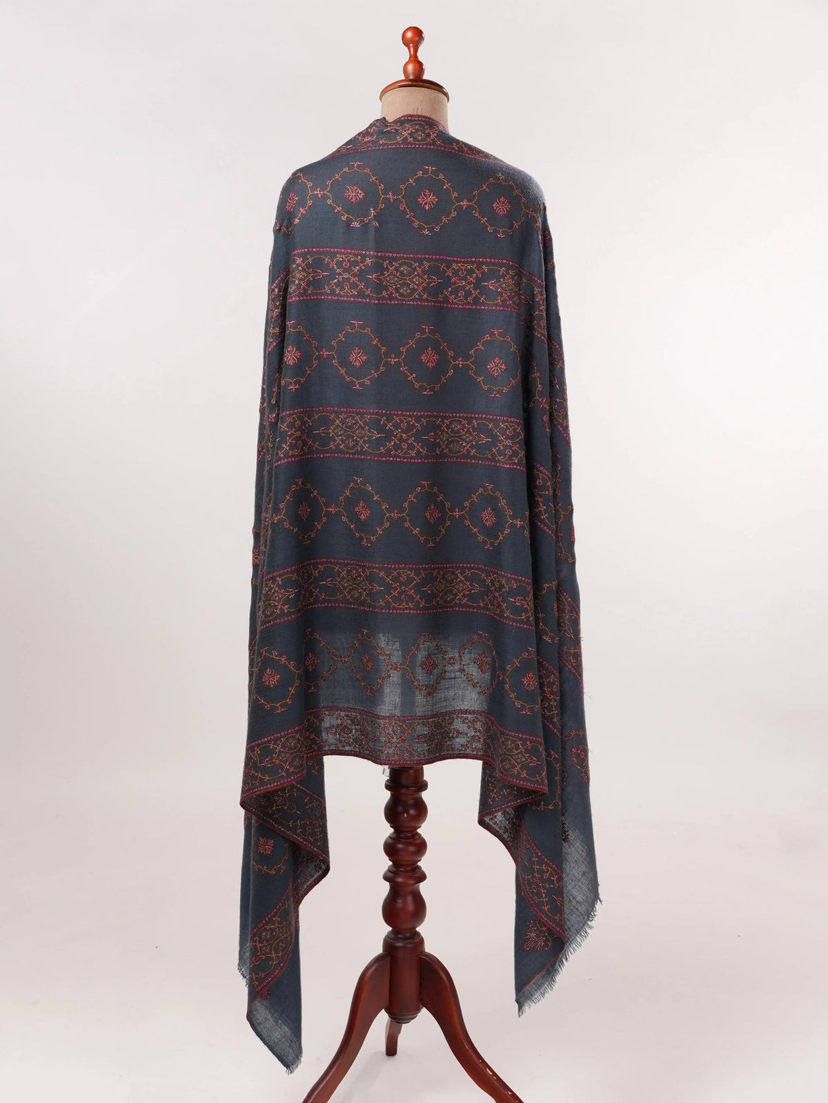 Dark Grey Handwoven Pashmina Shawl with Jali Sozni Hand Embroidery Shahkaar.com