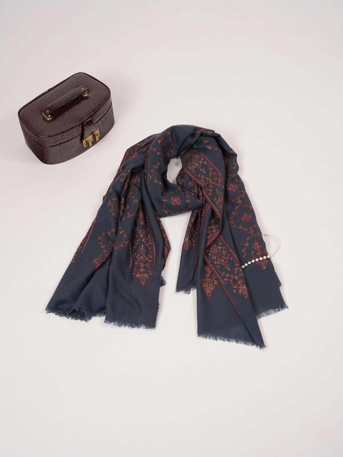 Dark Grey Handwoven Pashmina Shawl with Jali Sozni Hand Embroidery Shahkaar.com