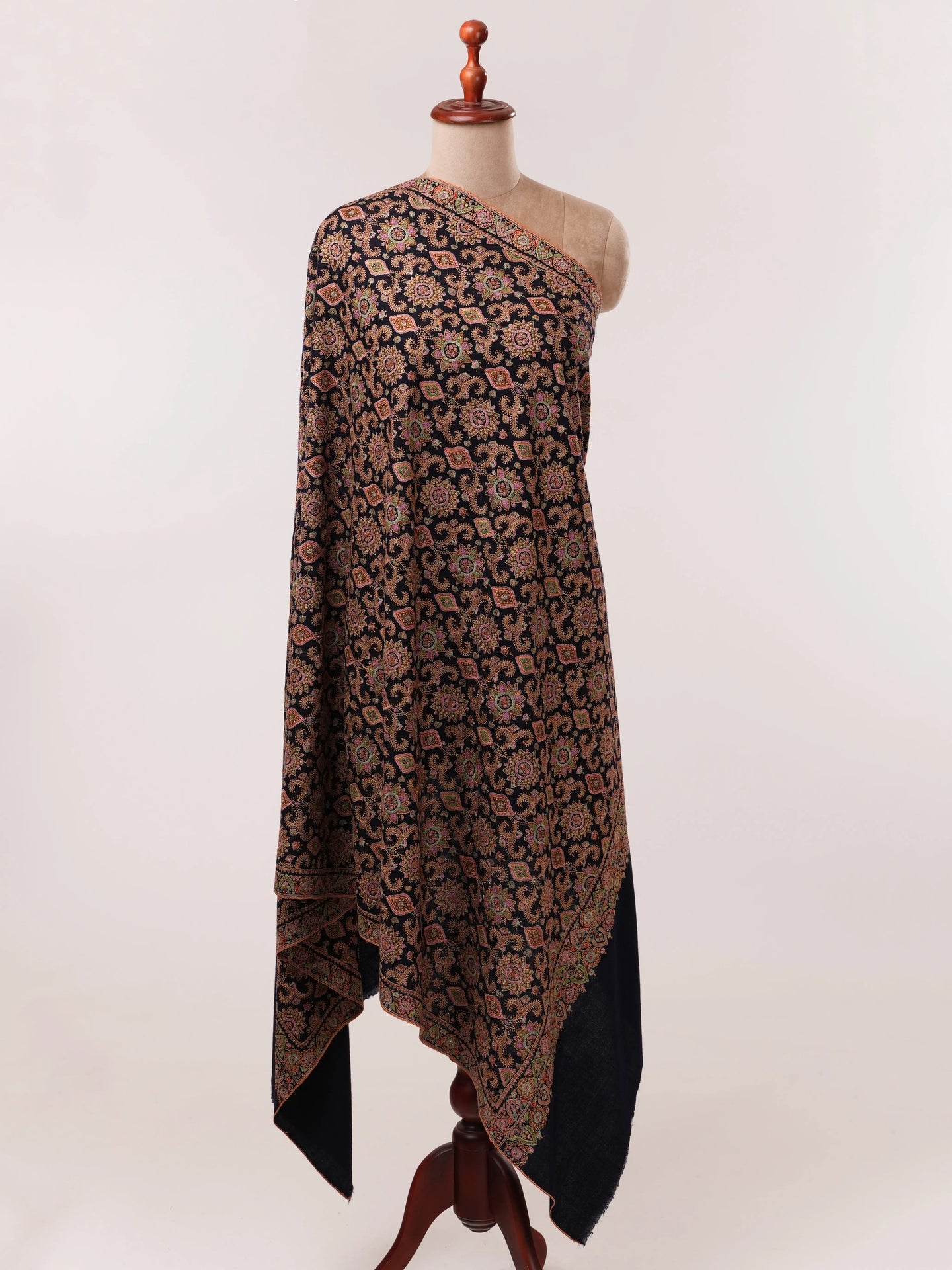 Dark Navy Blue Silk Hand Embroidered Pure Pashmina Jamavar Shawl Shahkaar.com