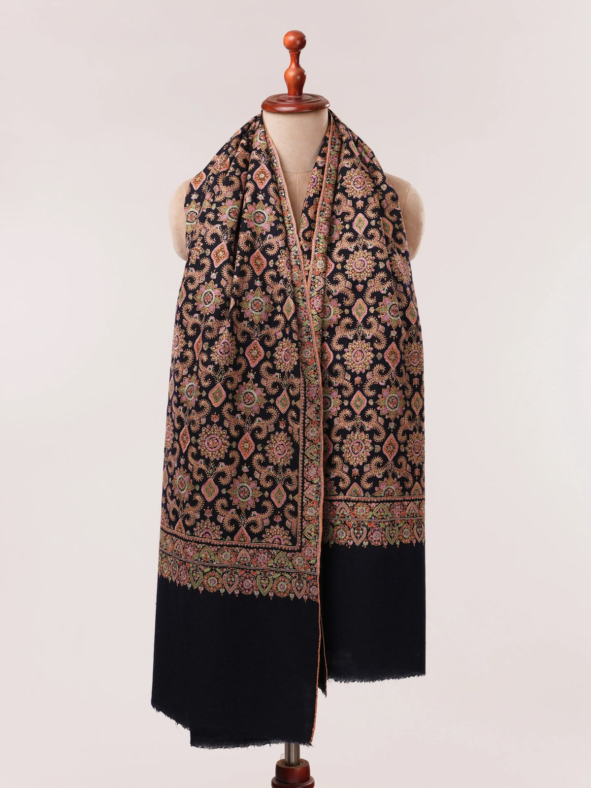 Dark Navy Blue Silk Hand Embroidered Pure Pashmina Jamavar Shawl Shahkaar.com
