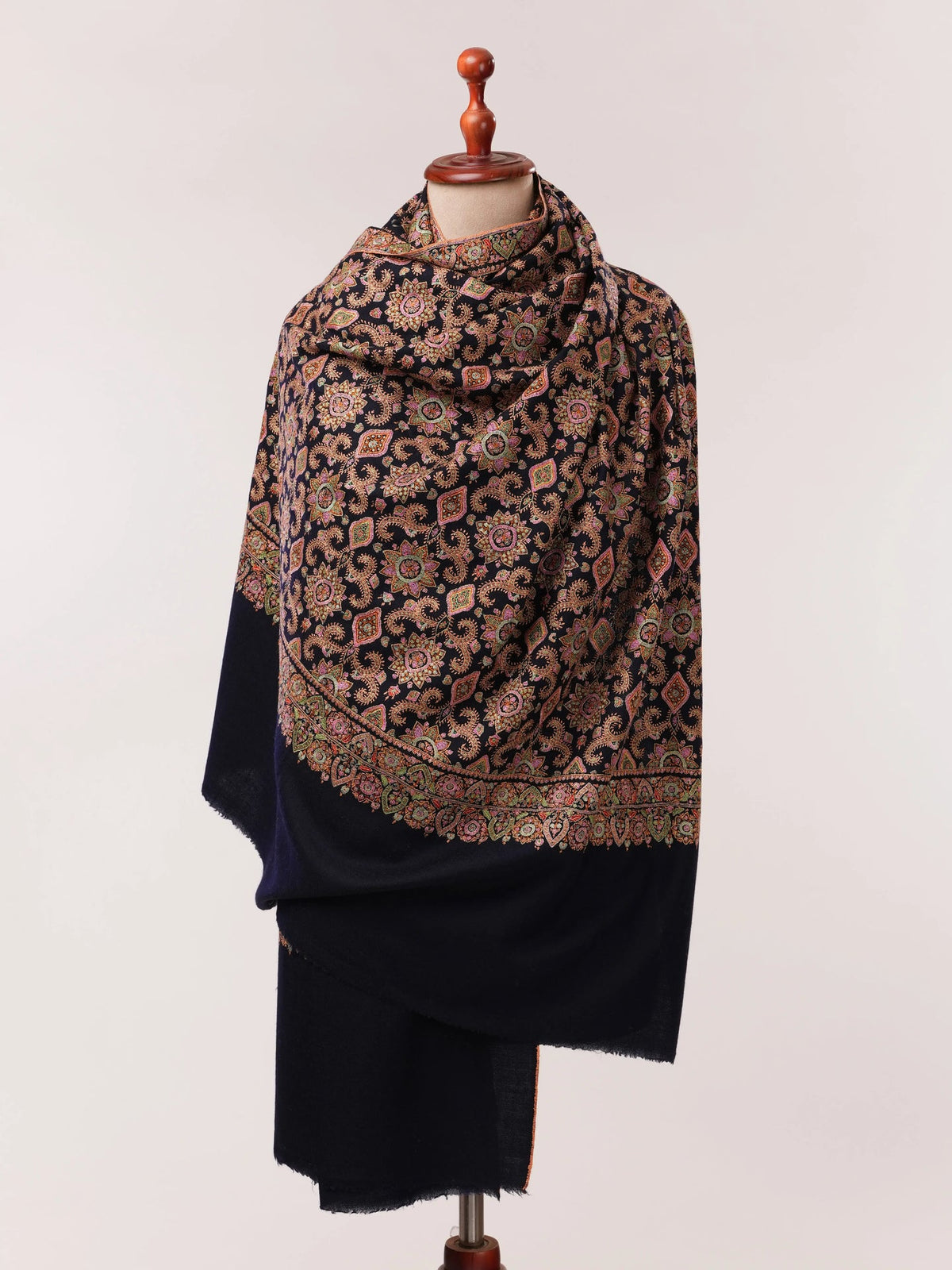 Dark Navy Blue Silk Hand Embroidered Pure Pashmina Jamavar Shawl Shahkaar.com