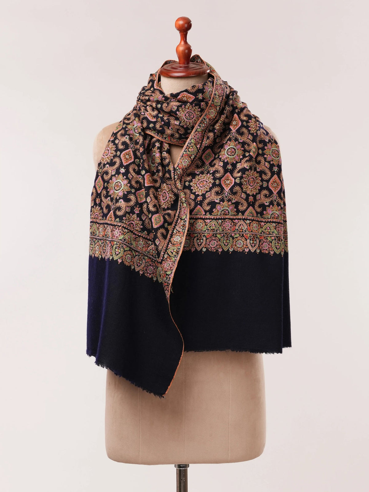 Dark Navy Blue Silk Hand Embroidered Pure Pashmina Jamavar Shawl Shahkaar.com