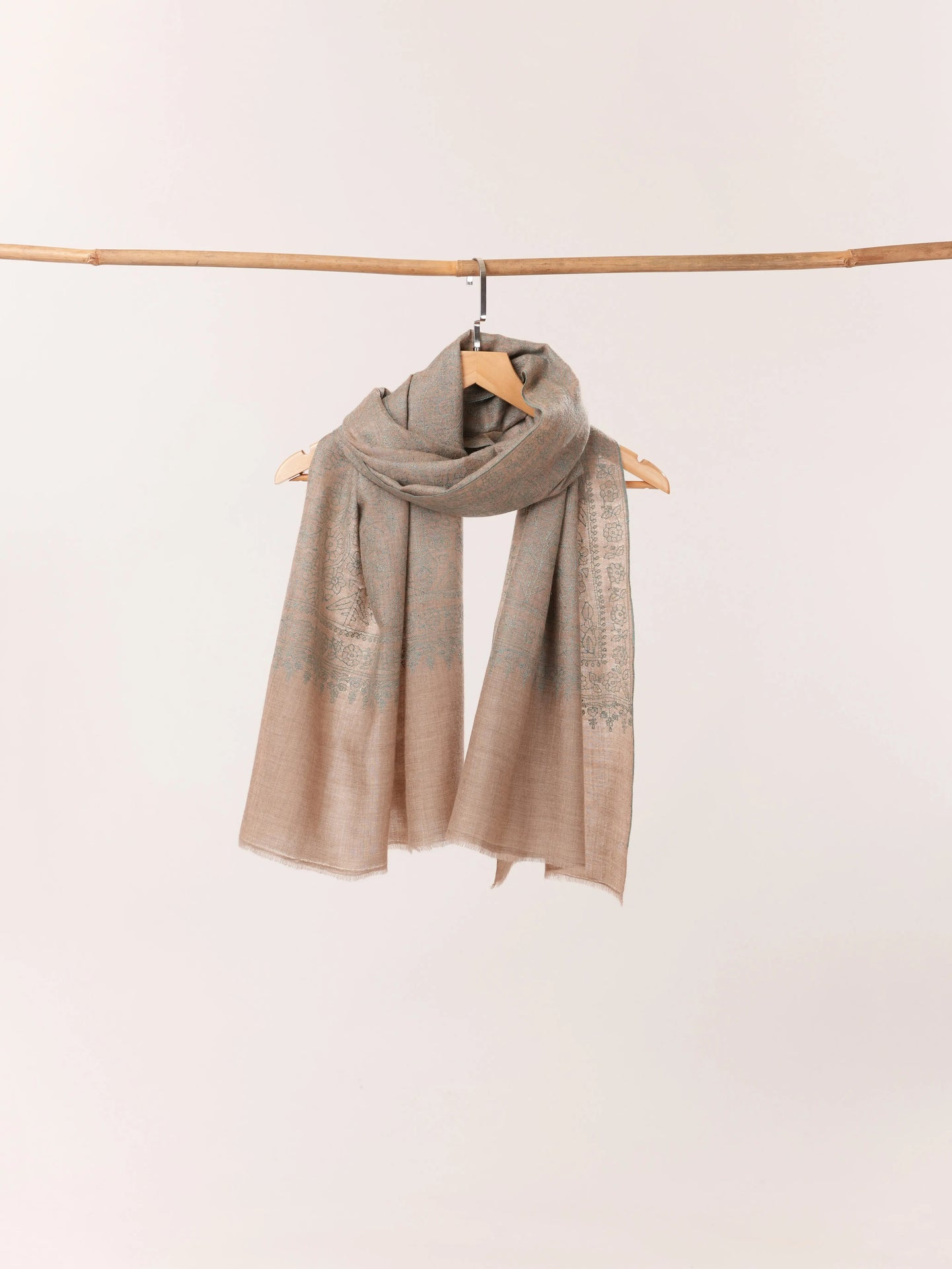 Natural Taupe Kashmiri Cashmere Handwoven Scarf with Jali Hand Sozni Embroidery Shahkaar.com