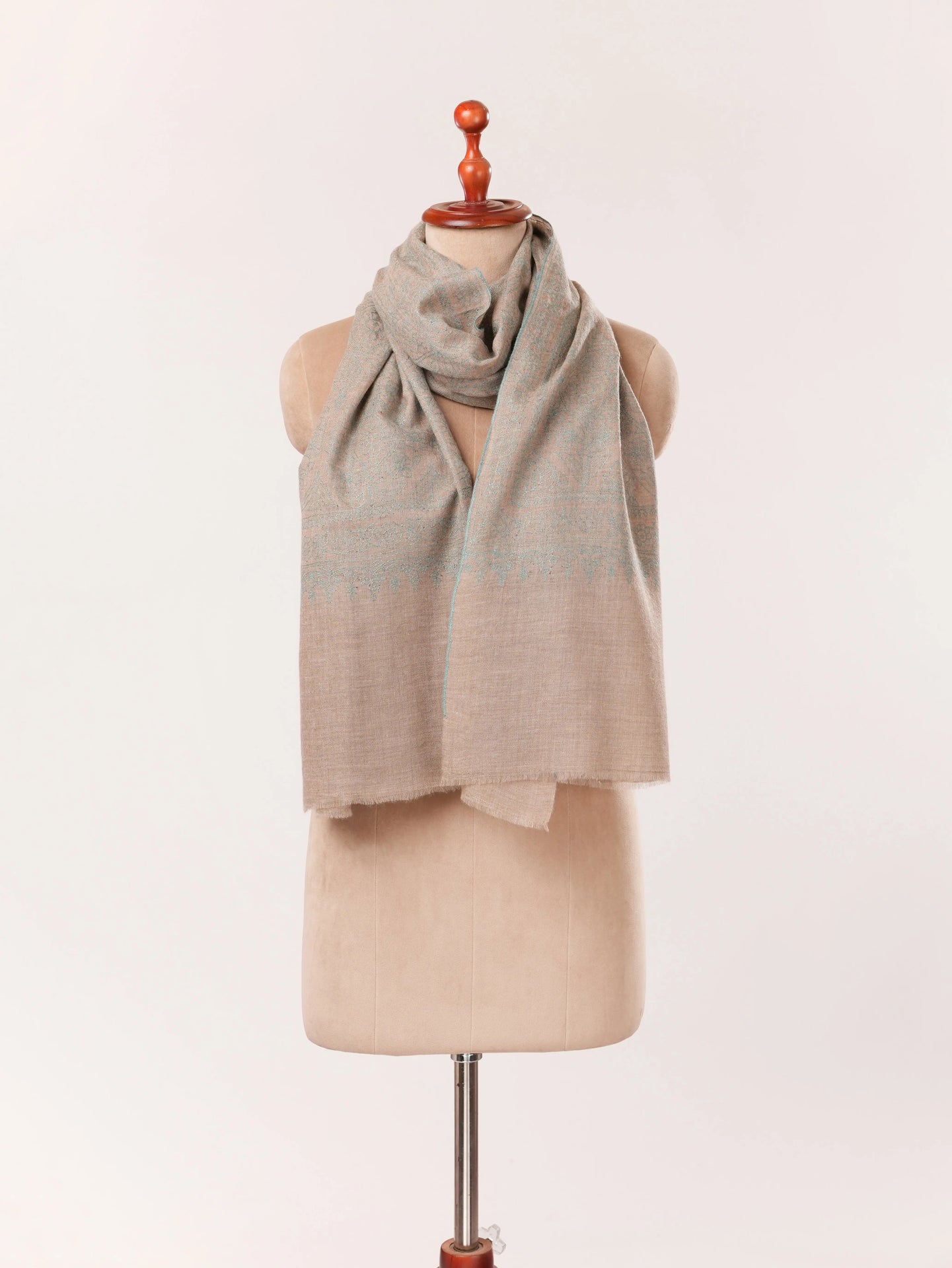 Natural Taupe Kashmiri Cashmere Handwoven Scarf with Jali Hand Sozni Embroidery Shahkaar.com